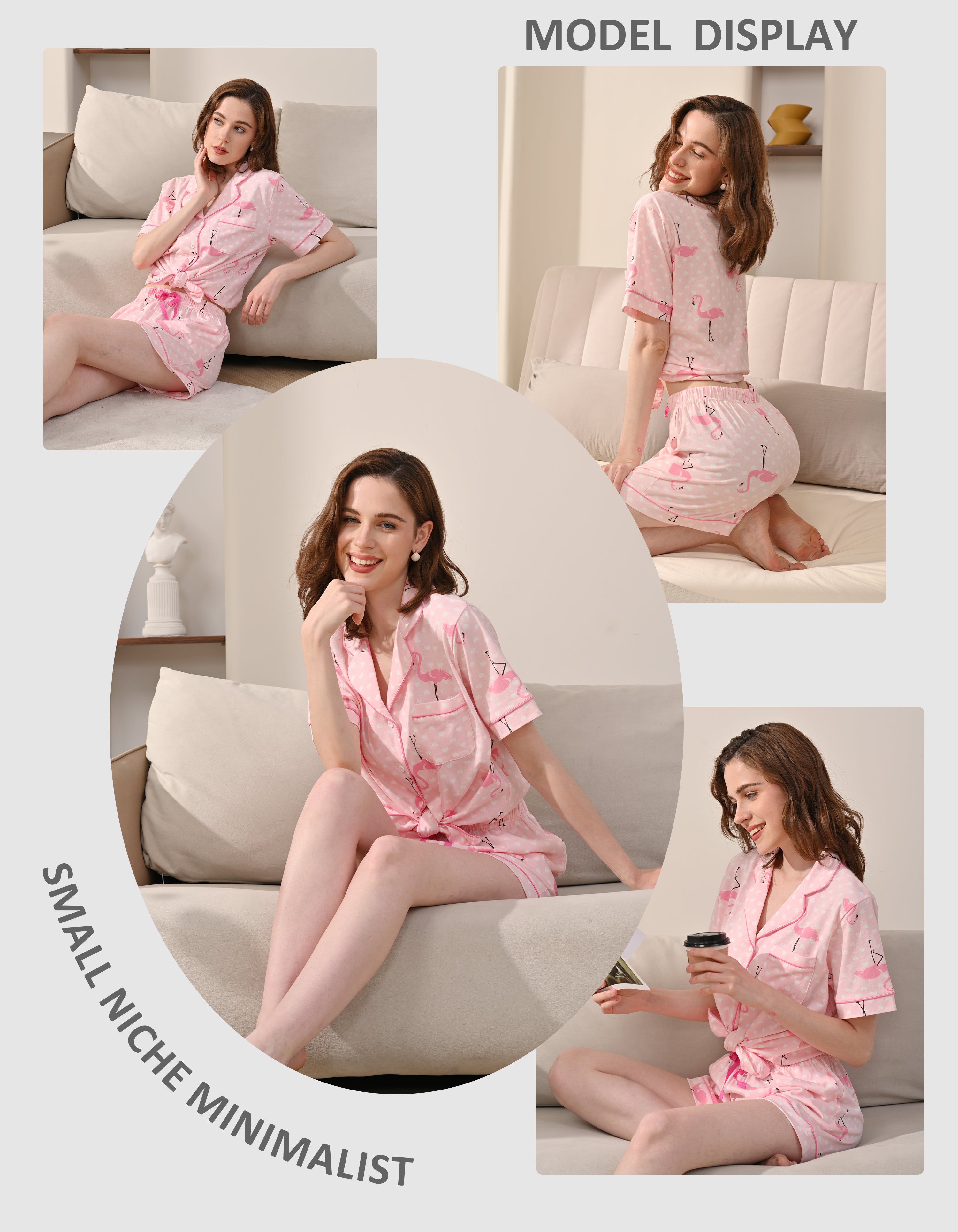 Model wearing pink flamingo print knit cotton pajamas in cozy home and living room scenes