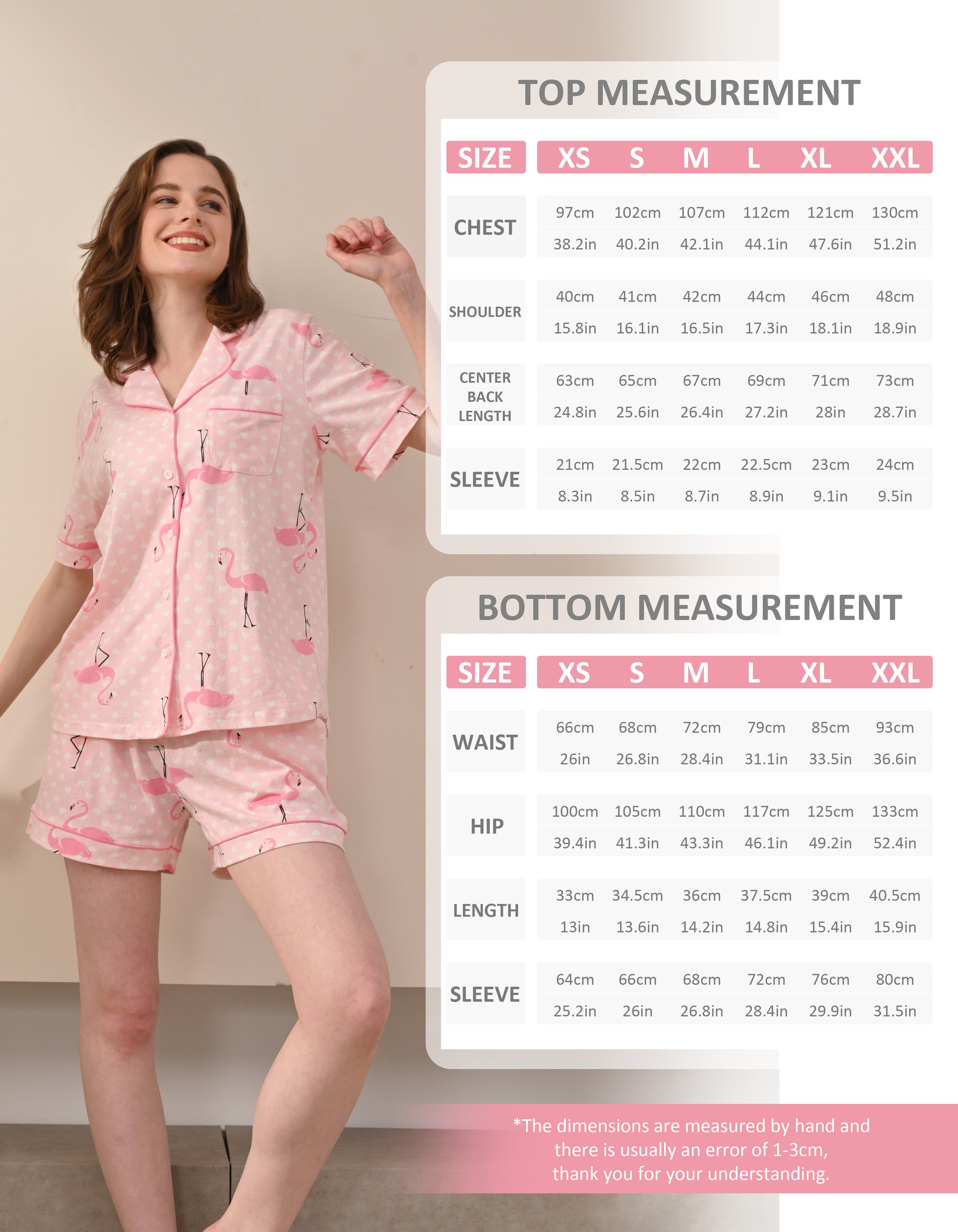 Size chart for women’s pink flamingo print knit cotton pajama set top and shorts