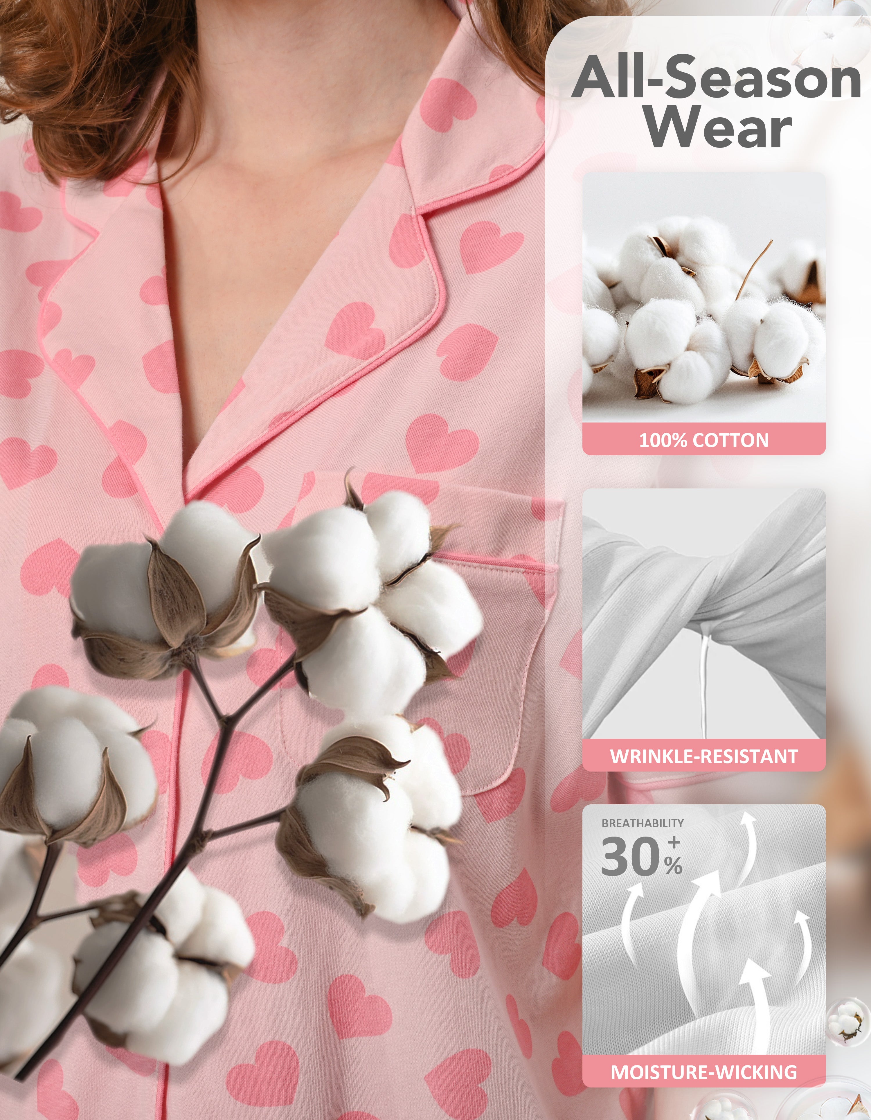 Close-up of pink heart print cotton pajama fabric showing breathability and softness