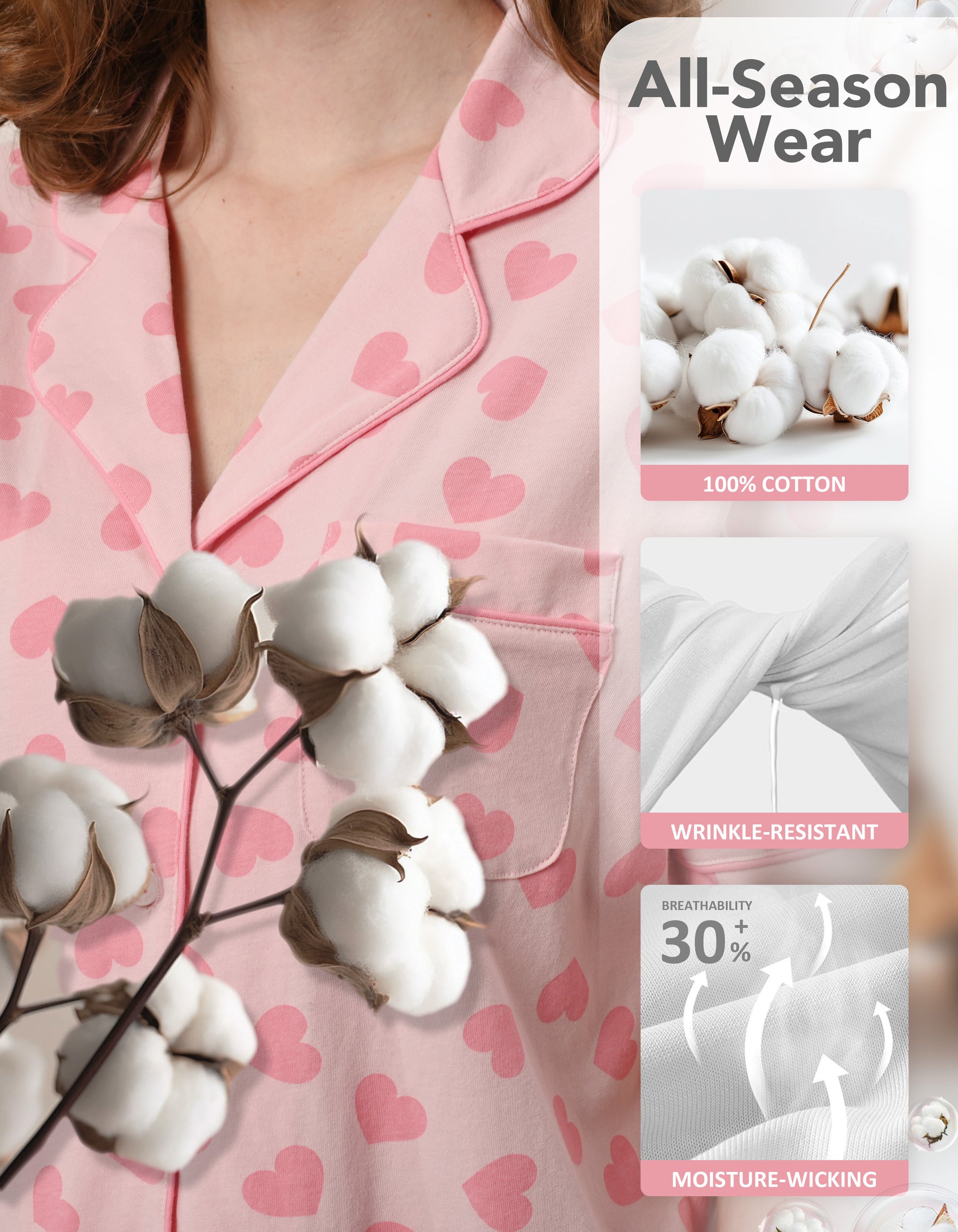 Close-up of pink heart print knit cotton pajama fabric showing softness and breathability