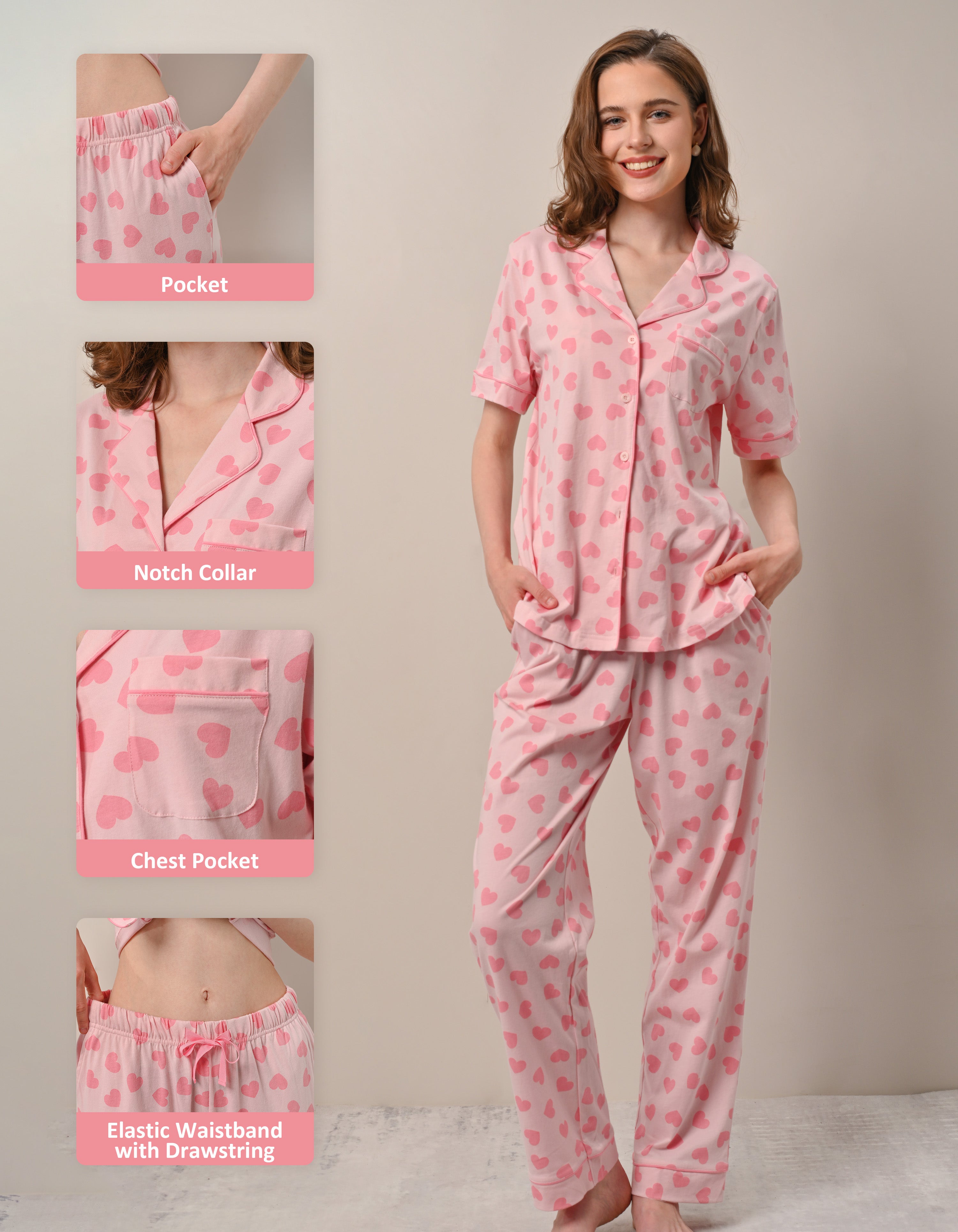 Design details of pink heart pajamas including notch collar, pockets, and drawstring waistband