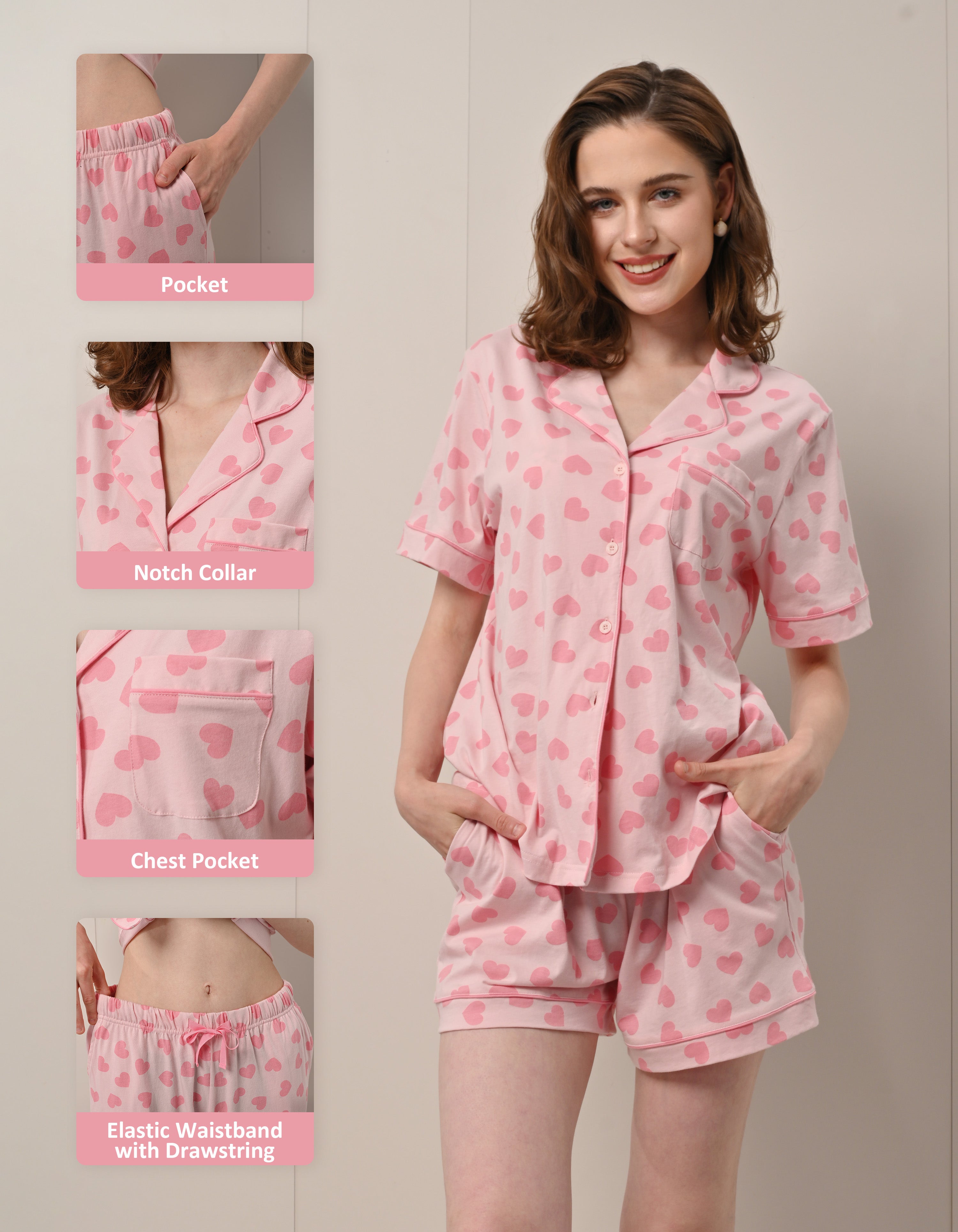 Design details of pink heart print pajamas including notch collar, chest pocket, and drawstring waistband