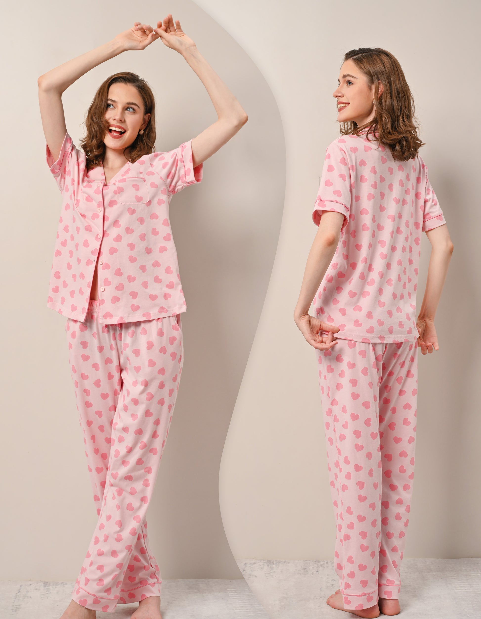 Front and back view comparison of pink heart print women’s pajama set