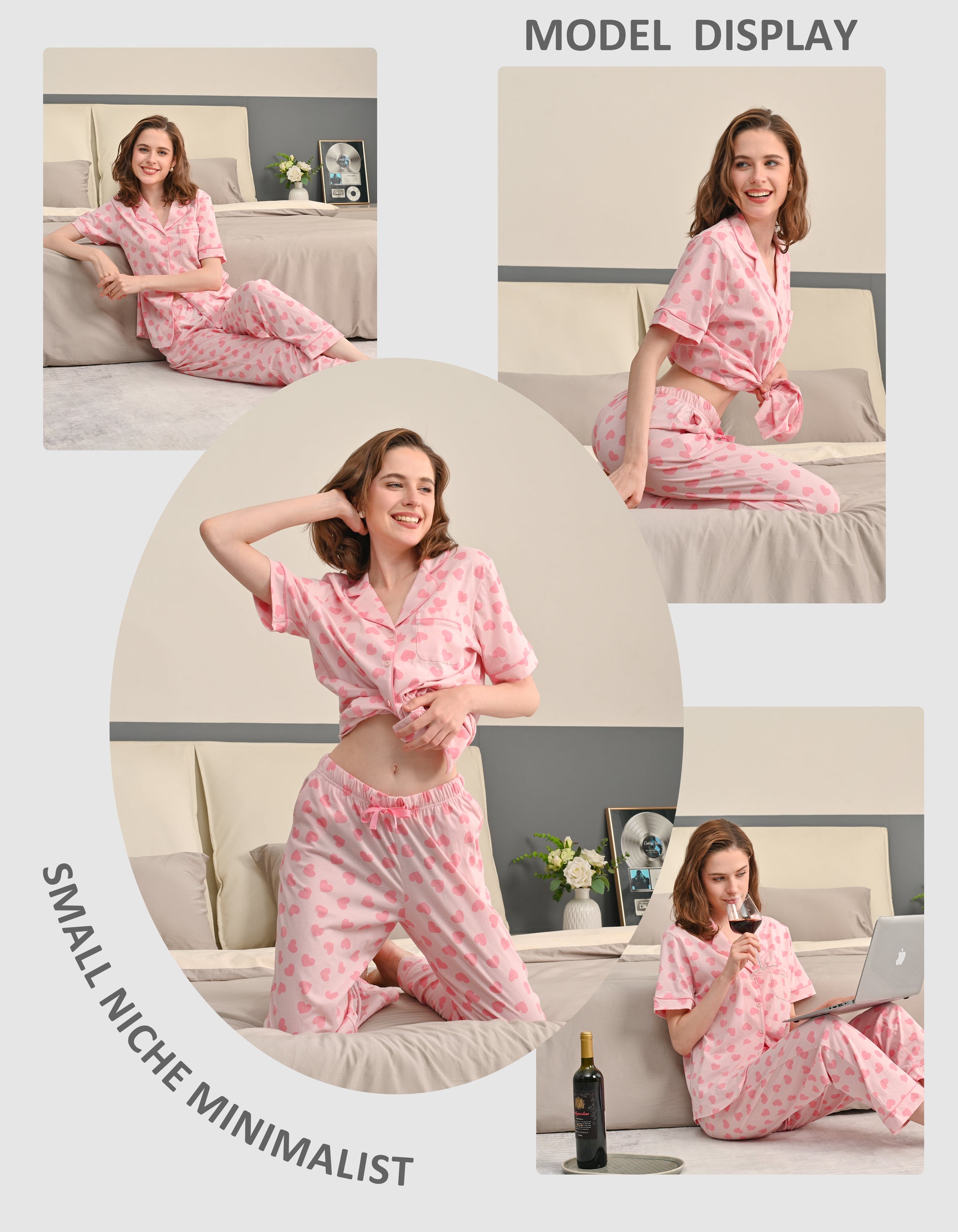 Model wearing pink heart print cotton pajamas in cozy home and bedroom scenes