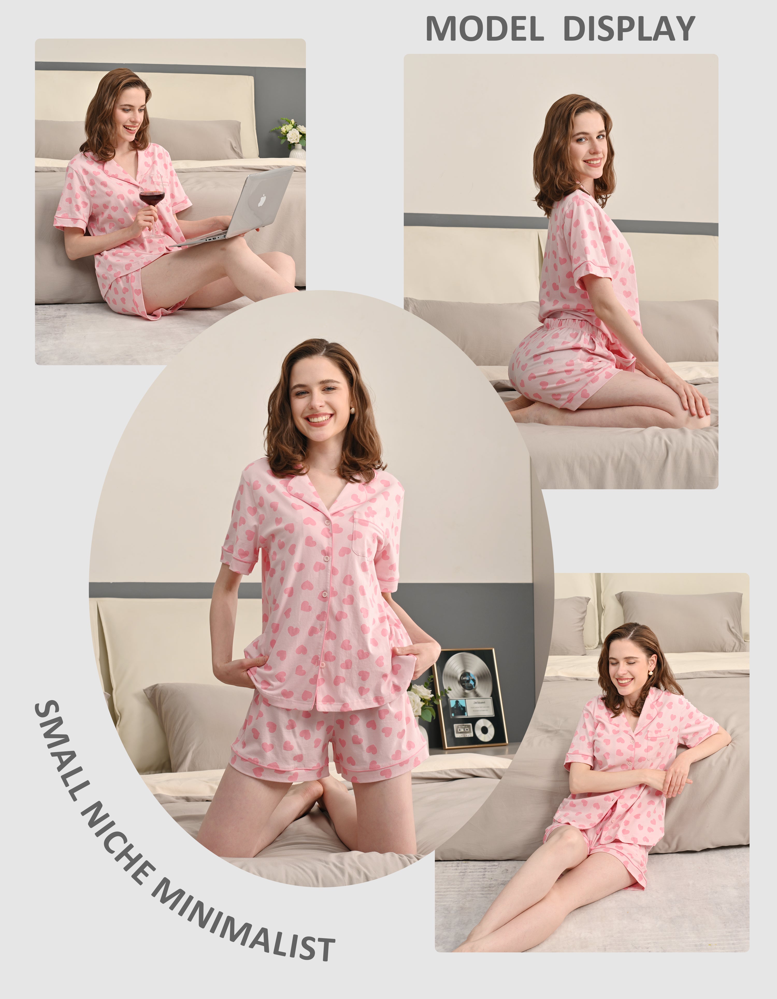 Model wearing pink heart print knit cotton pajamas in cozy home and living room scenes