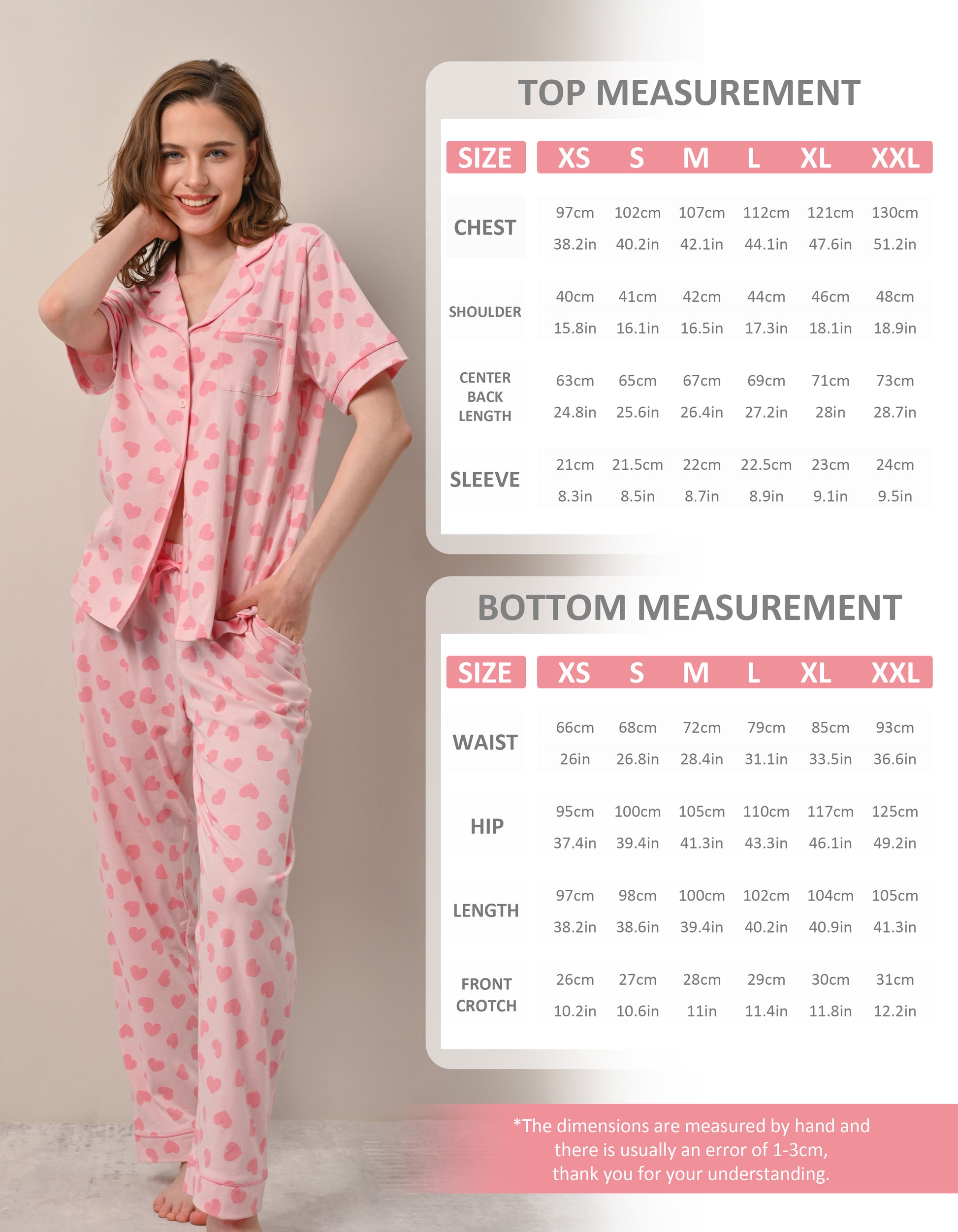Size chart for women’s pink heart cotton pajama set top and pants