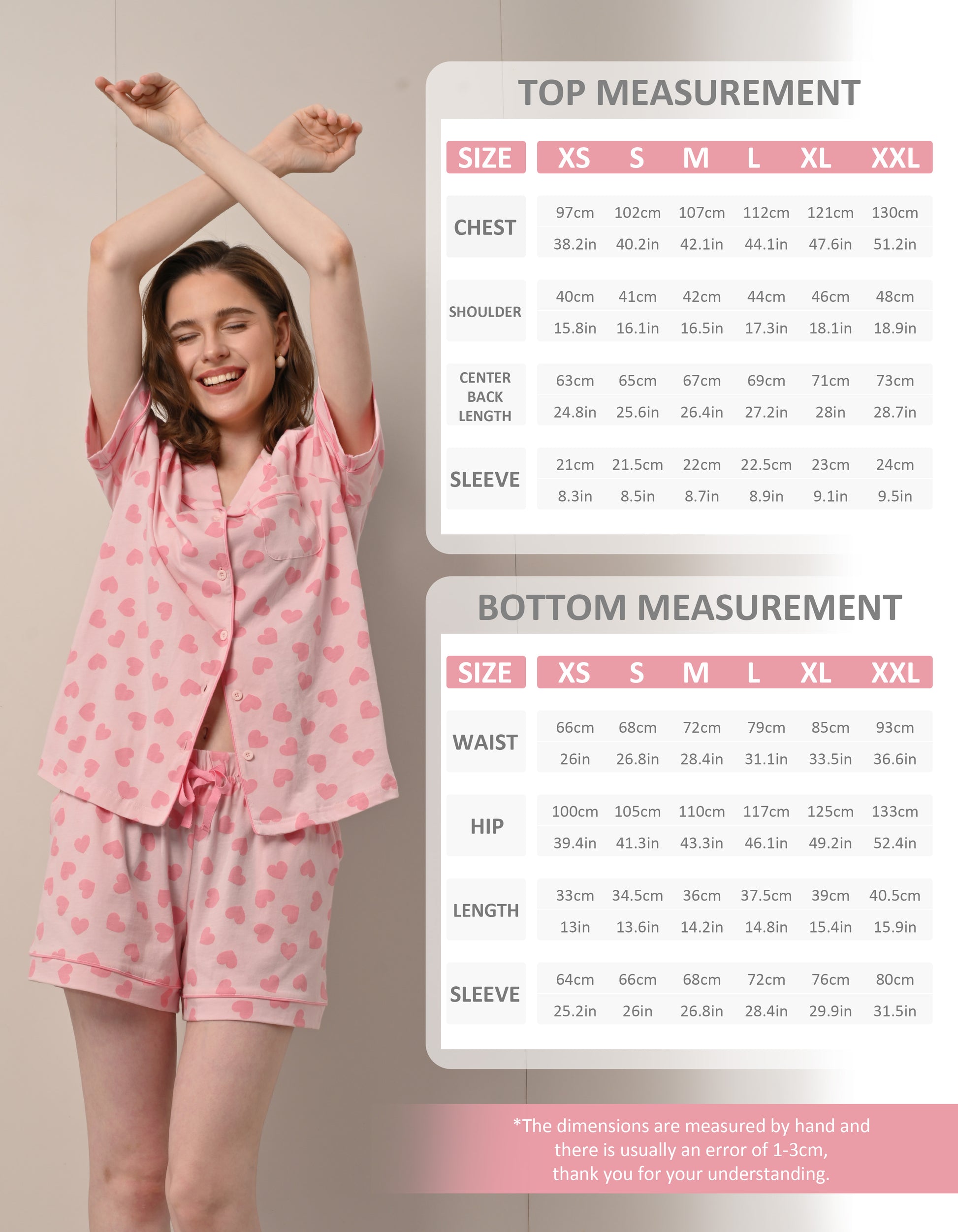 Size chart for women’s pink heart print knit cotton pajama set top and shorts