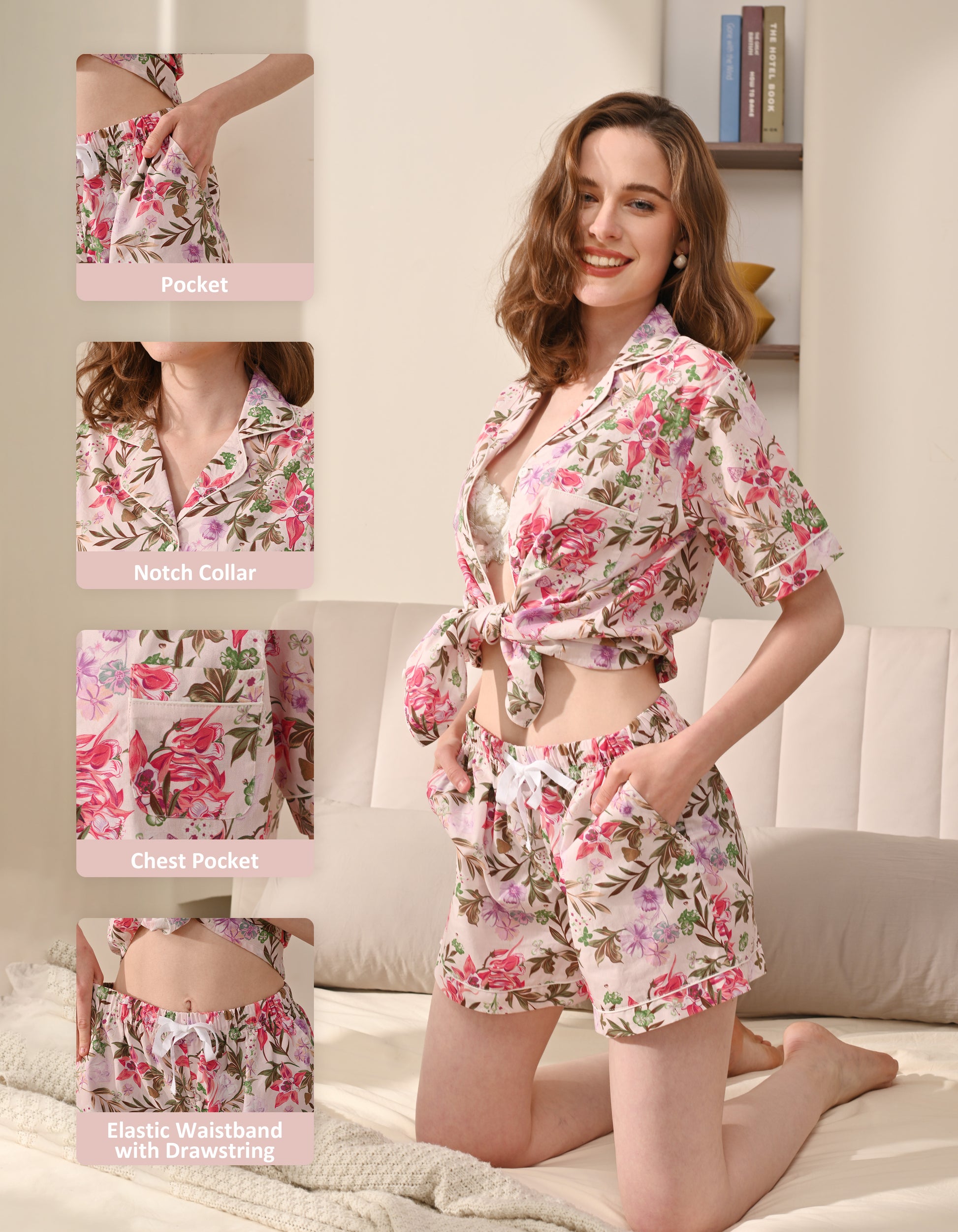 pink iris floral pajama details notch collar chest pocket elastic waistband drawstring