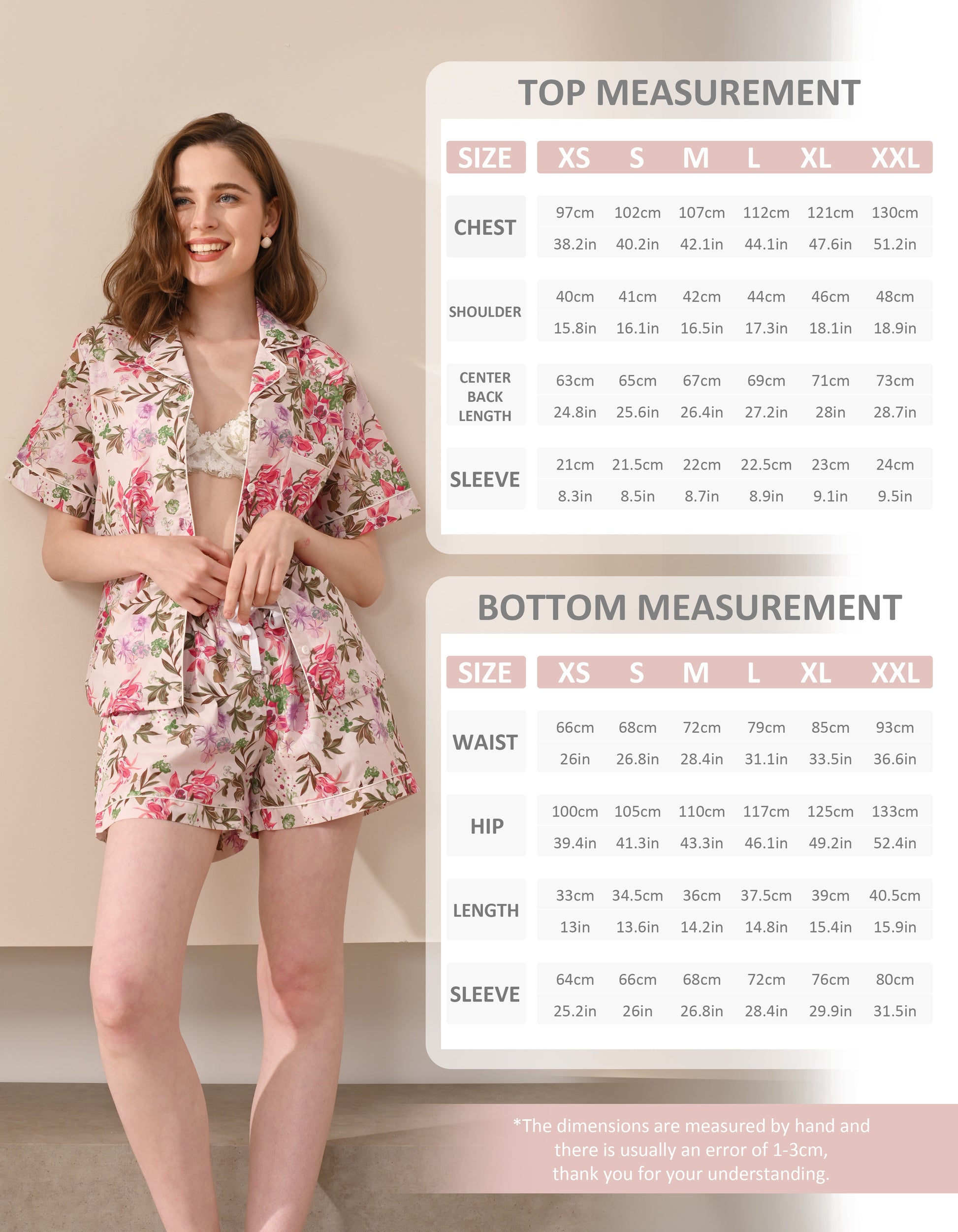 women pink iris floral pajama set size chart top and shorts