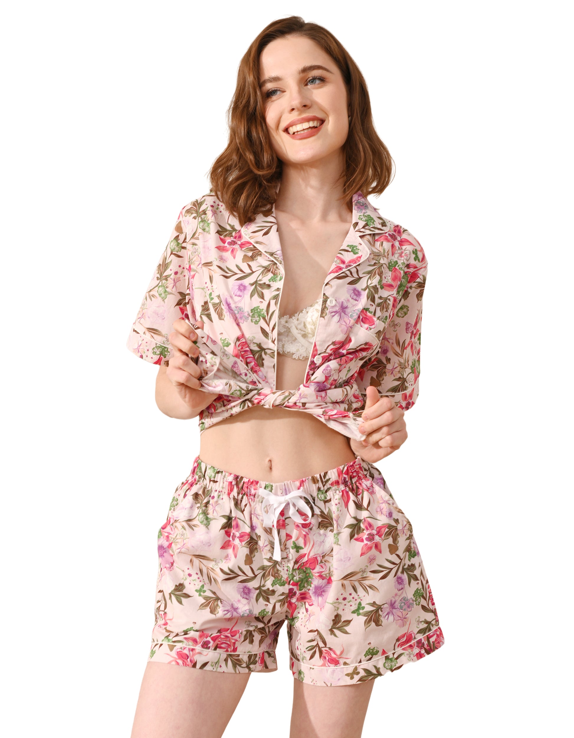 women pink iris floral woven cotton pajama set front view white background