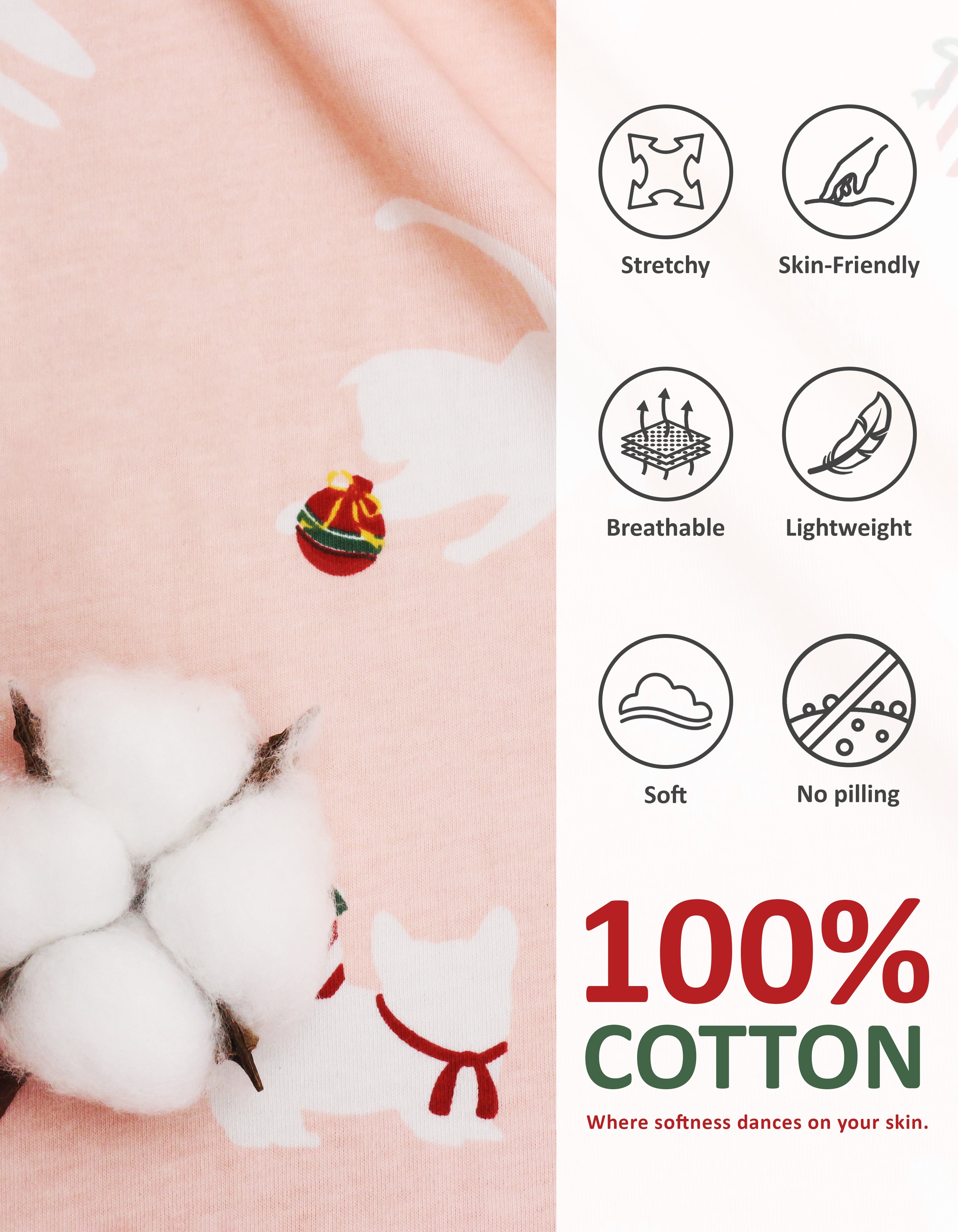 Close-up of pink knit cotton pajama fabric with Christmas animal silhouette print