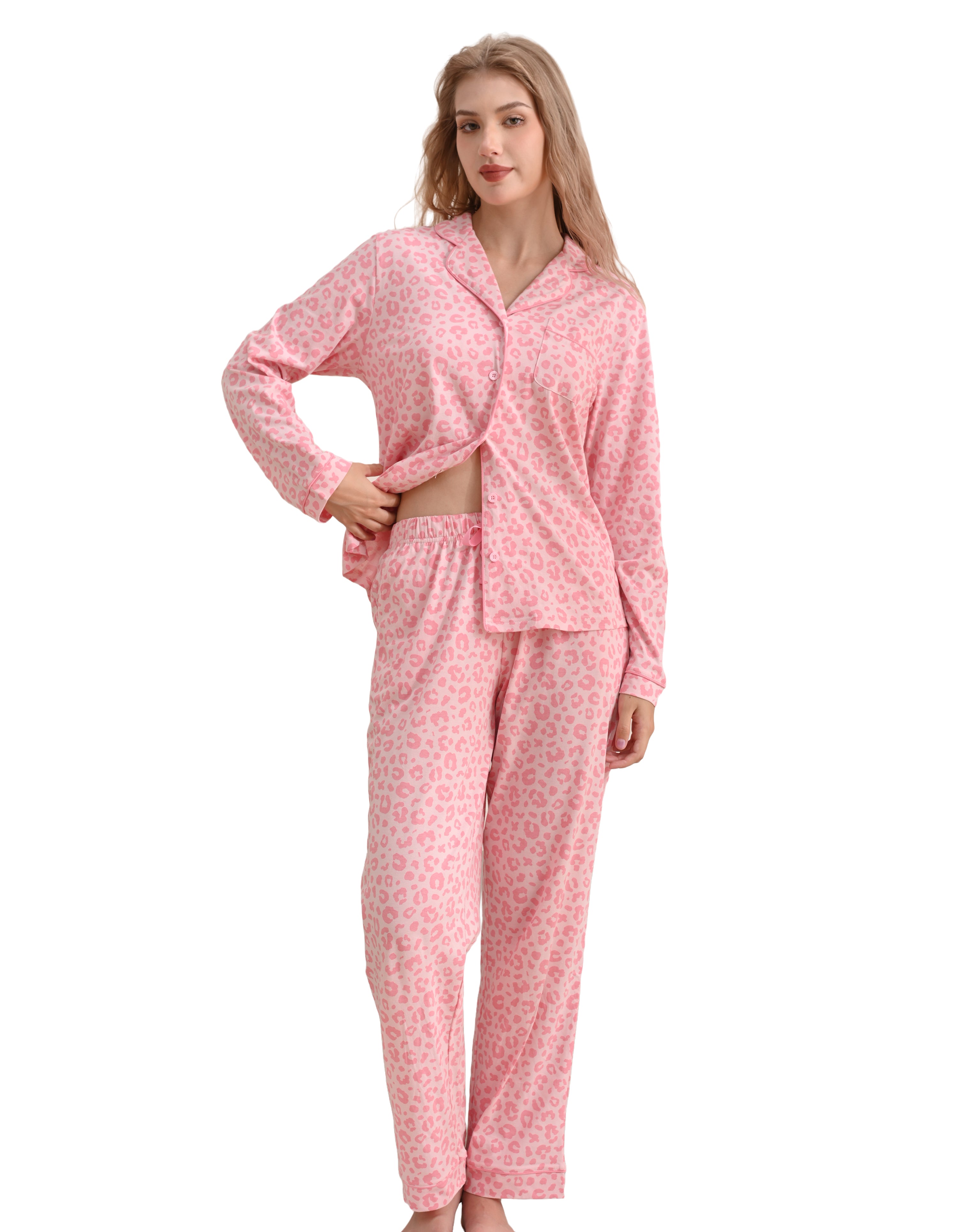 Pink leopard print women’s knit cotton pajama set front view on white background