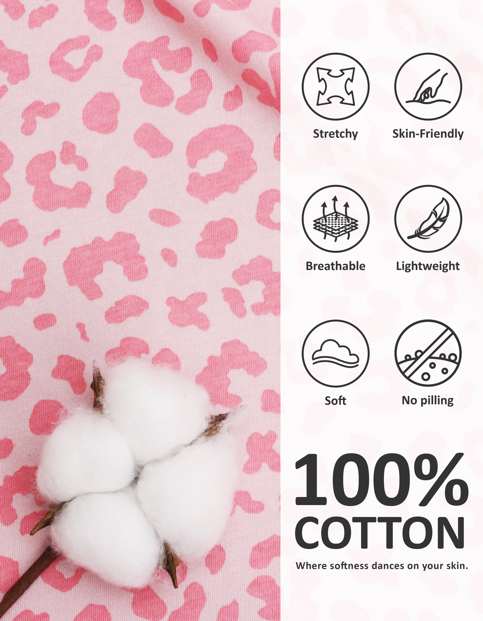 Close-up of pink leopard knit cotton pajama fabric showing softness and breathability