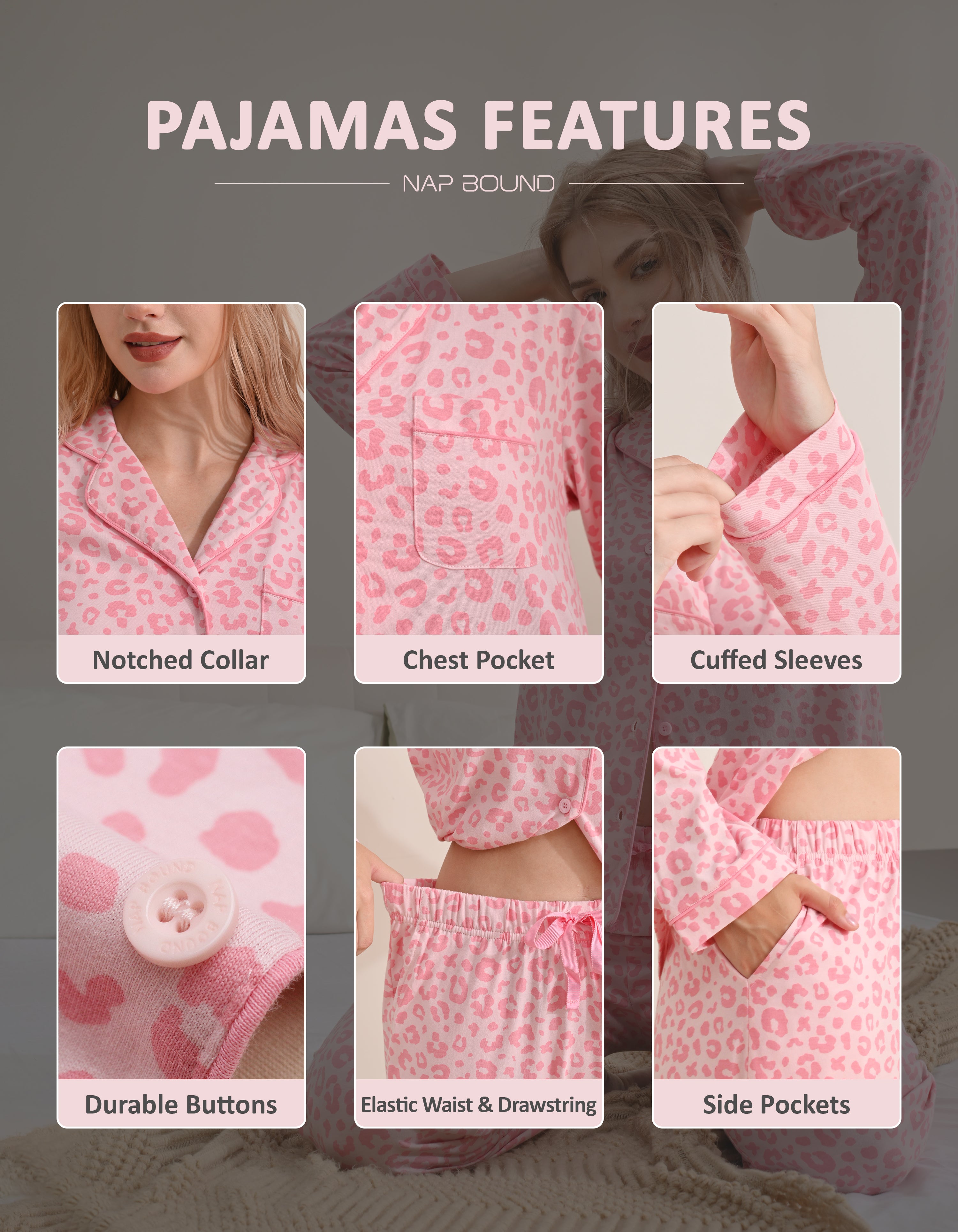 Design details of pink leopard pajamas including notched collar, chest pocket, cuffed sleeves, buttons, drawstring waist, and side pockets