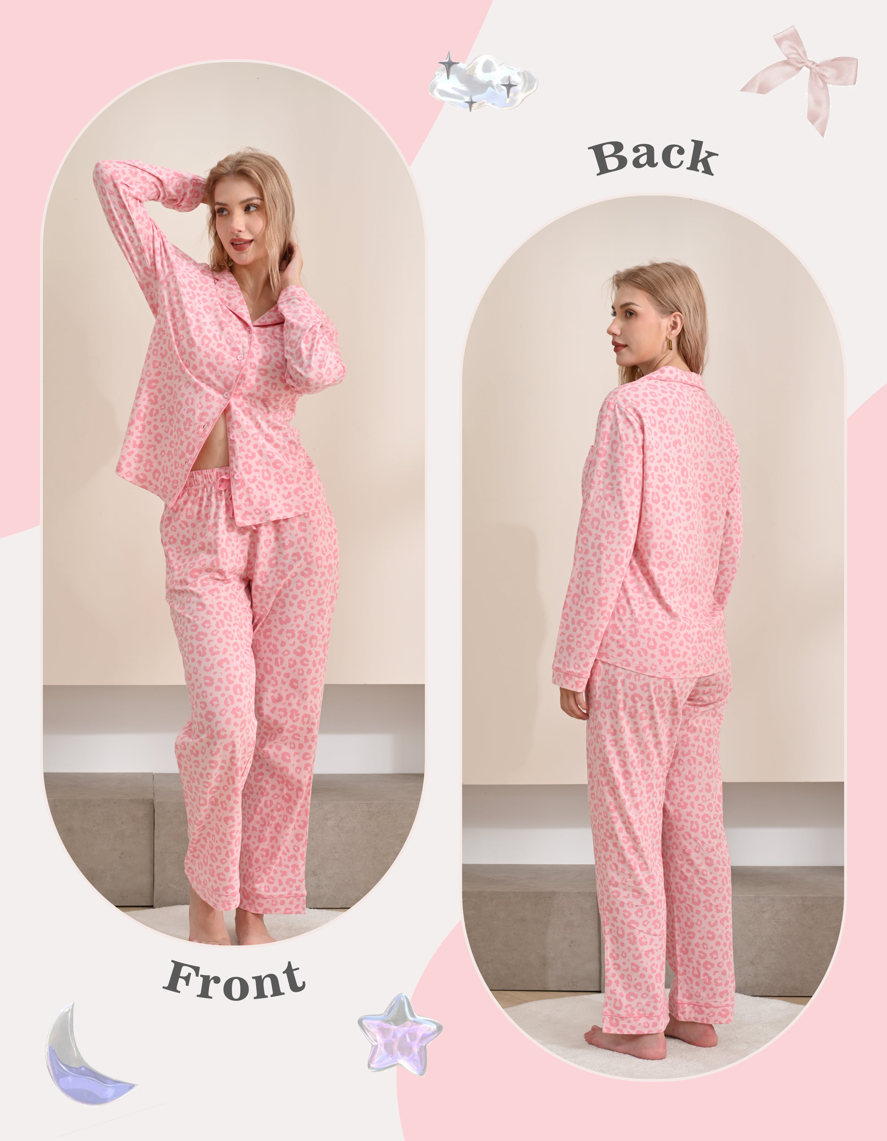 Front and back view comparison of pink leopard women’s knit cotton pajama set