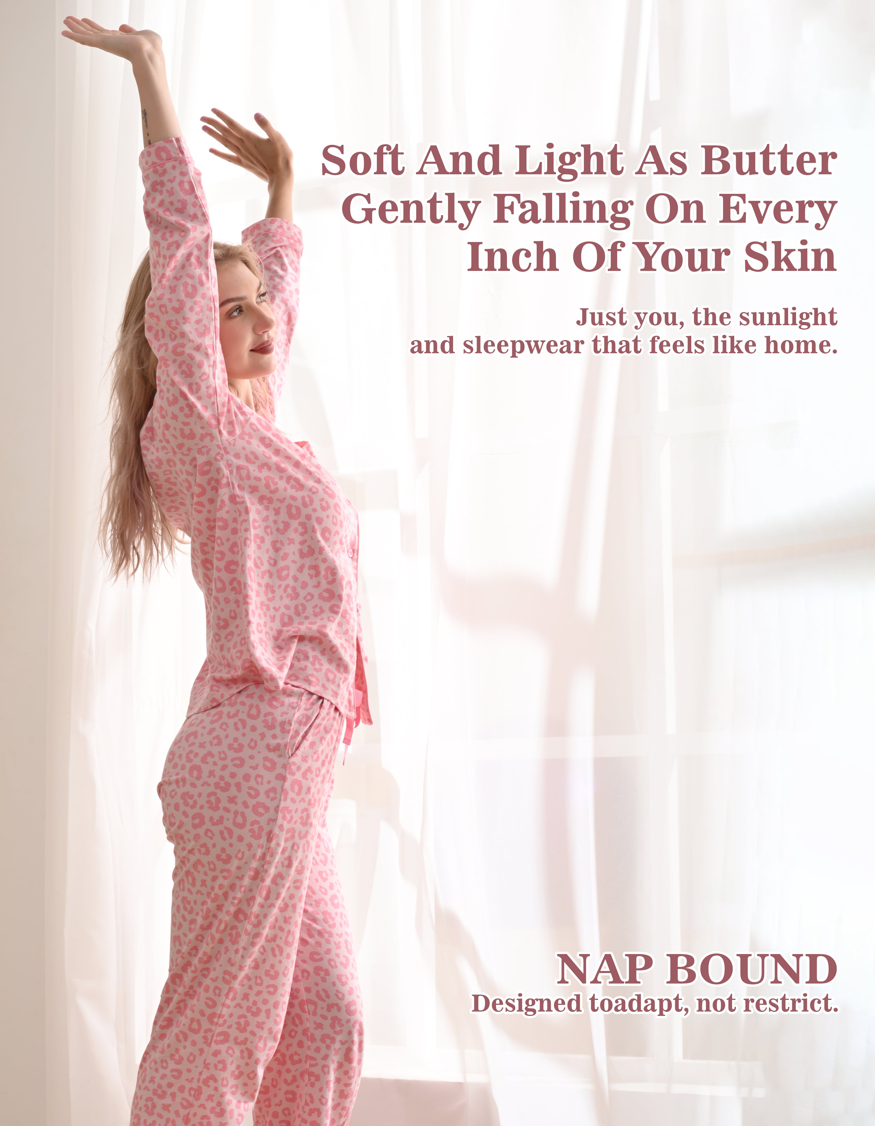 Woman wearing pink leopard knit cotton pajamas in soft daylight home scene