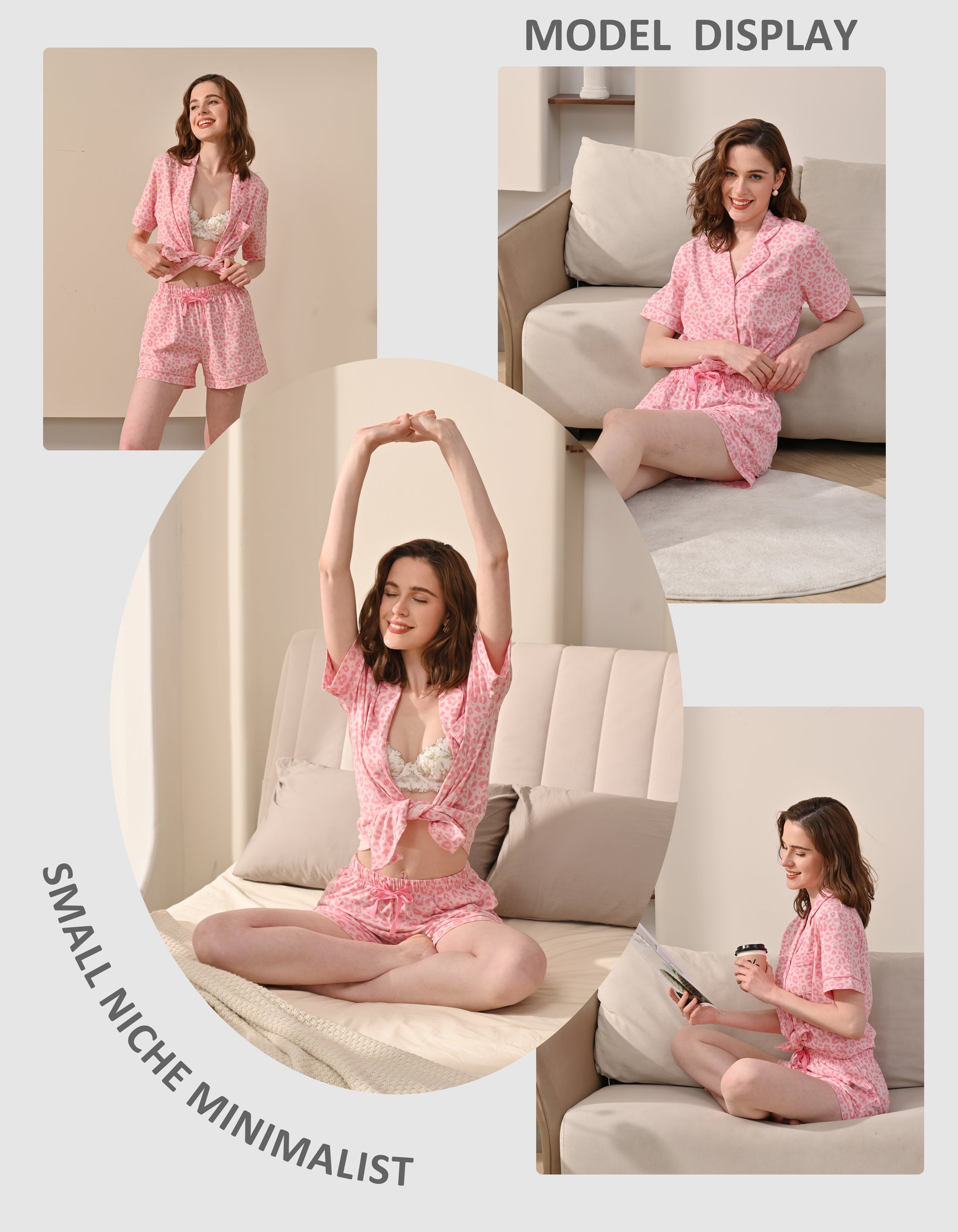 Model wearing pink leopard print knit cotton pajamas in cozy home and living room scenes