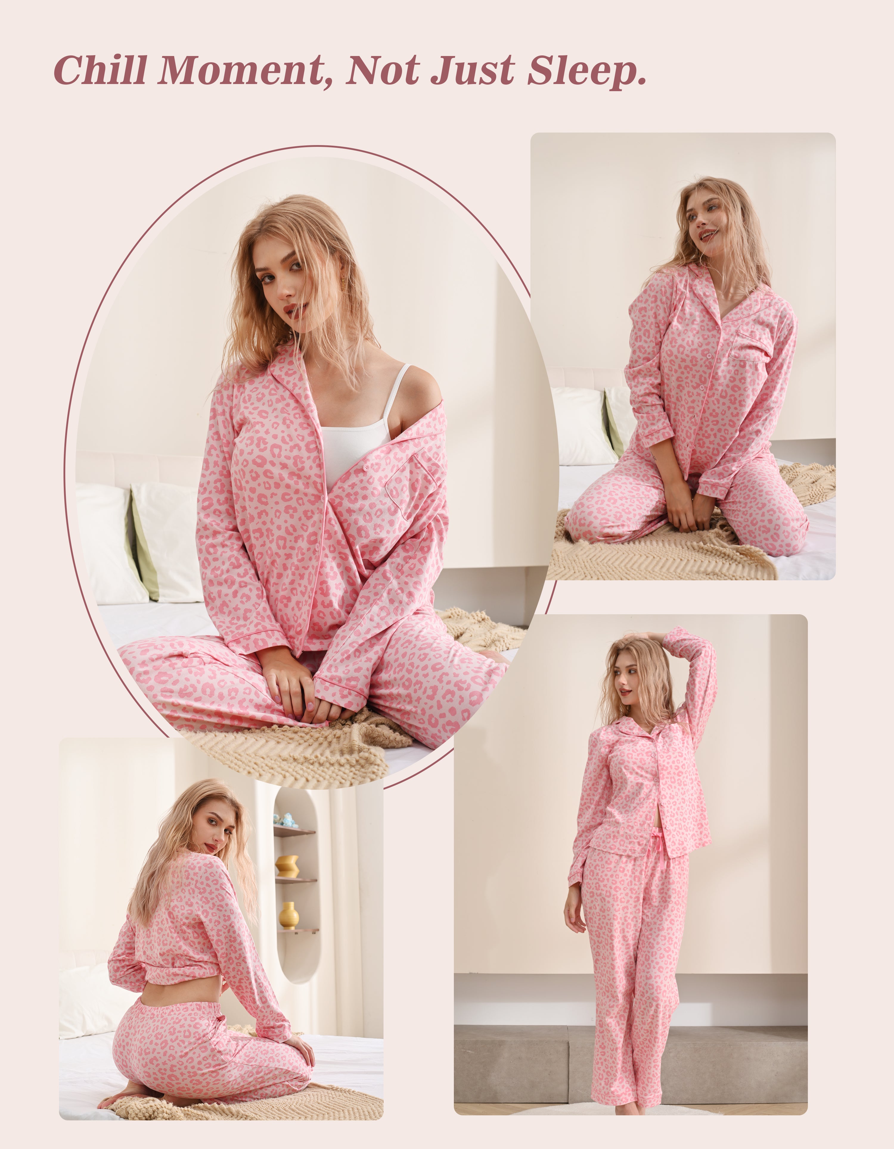 Model wearing pink leopard knit cotton pajamas in cozy home and relaxing scenes
