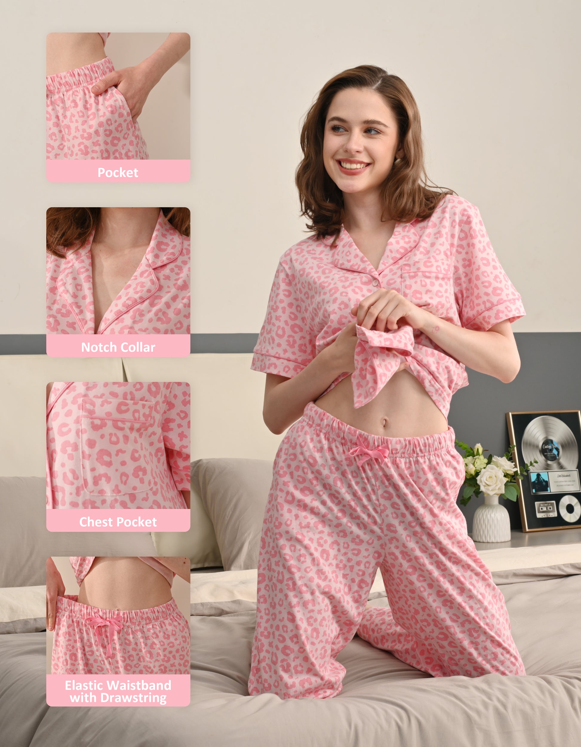 Detail view of pockets, notch collar, and elastic waistband on pink leopard print pajamas