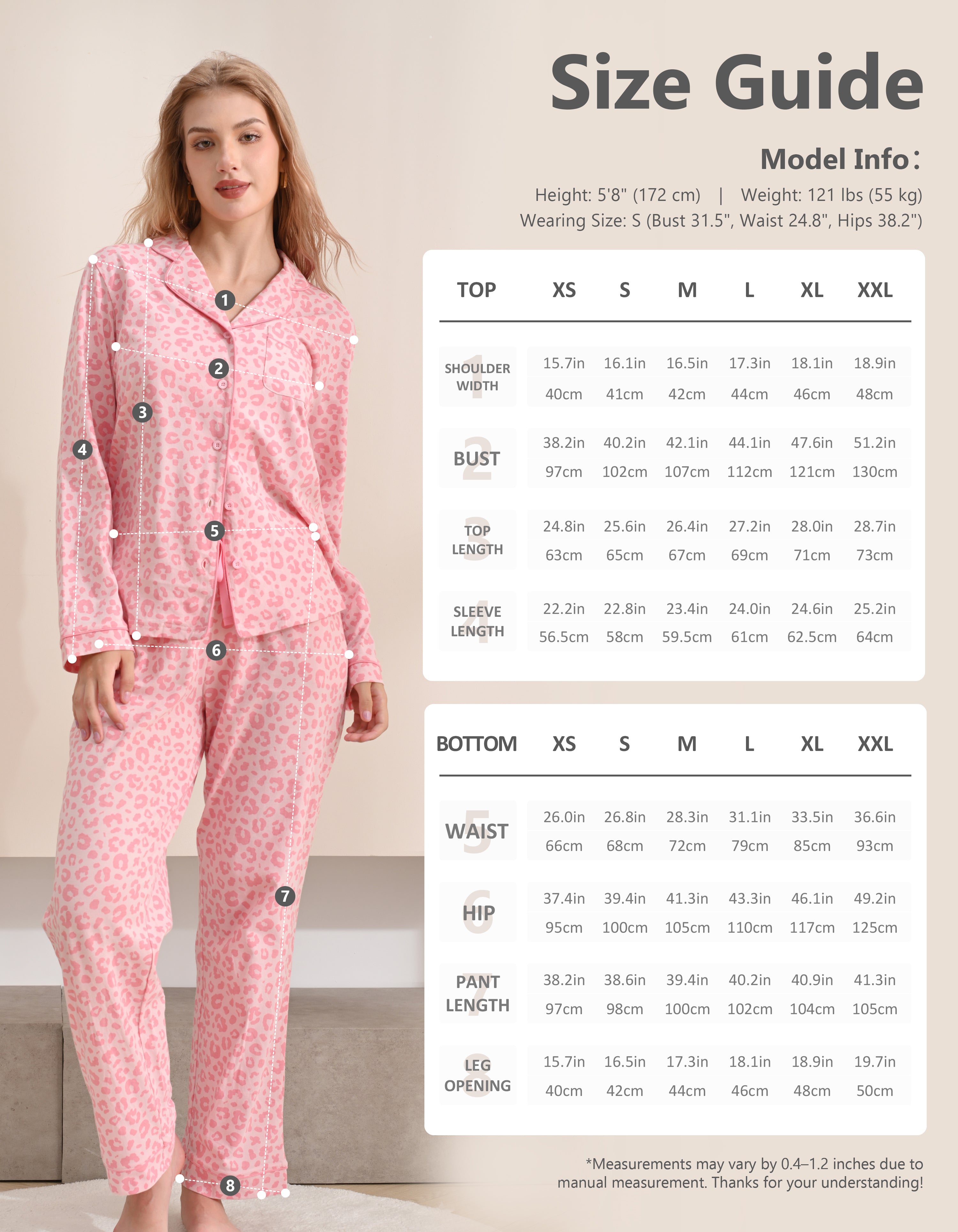 Size chart for women’s pink leopard knit cotton pajama set top and pants