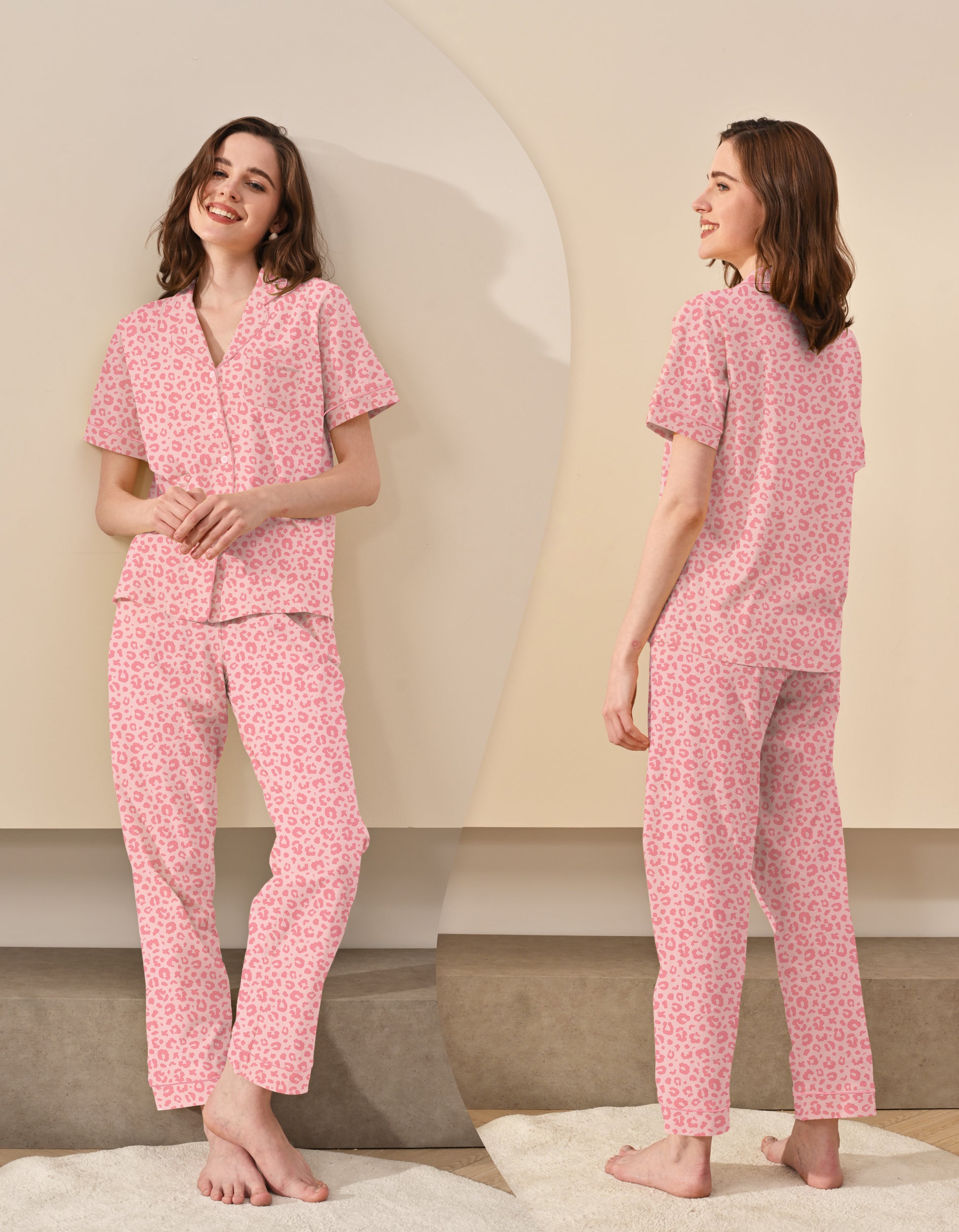 Back view of women’s pink leopard print cotton pajama set with relaxed fit