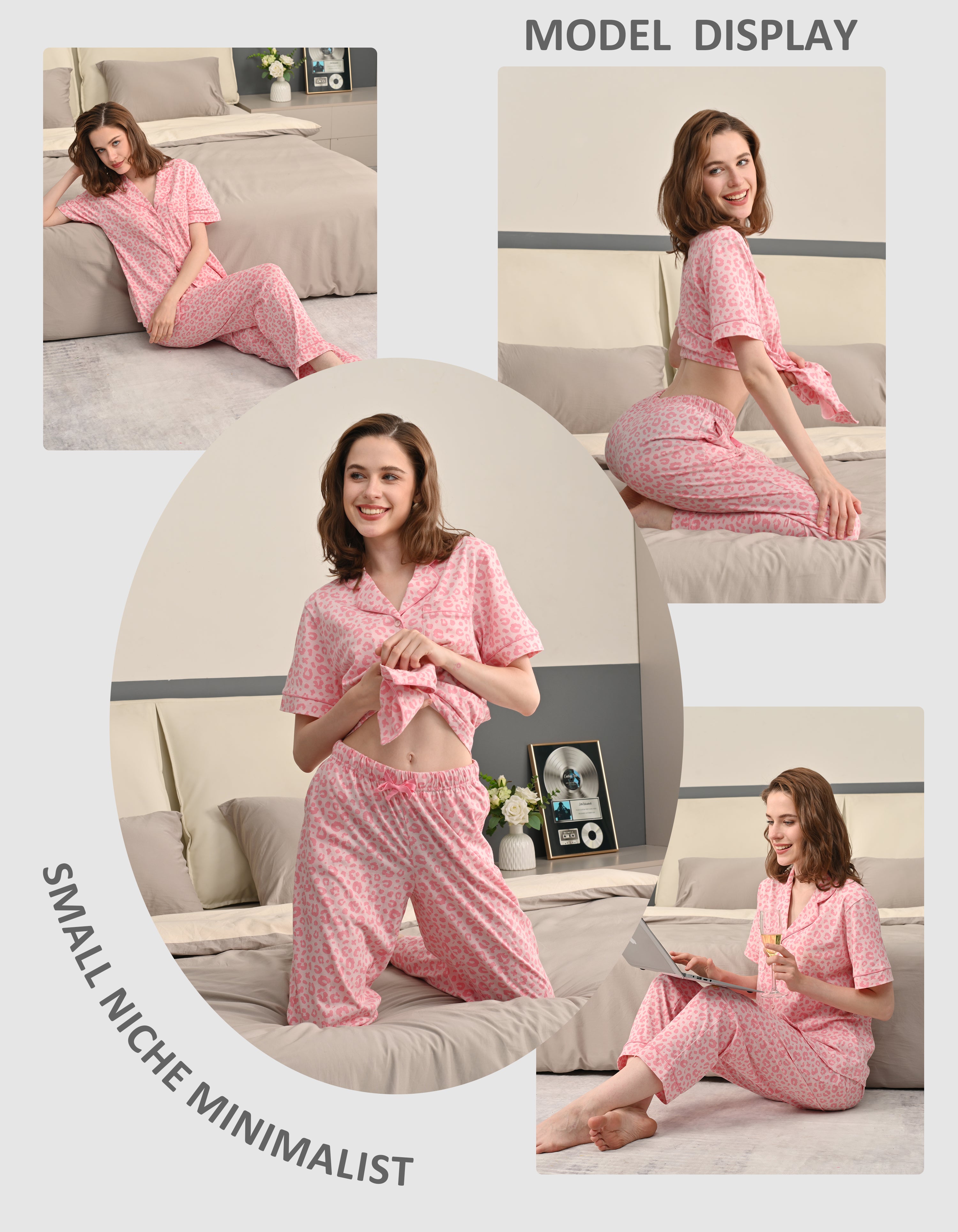 Model wearing pink leopard print cotton pajamas for lounging at home