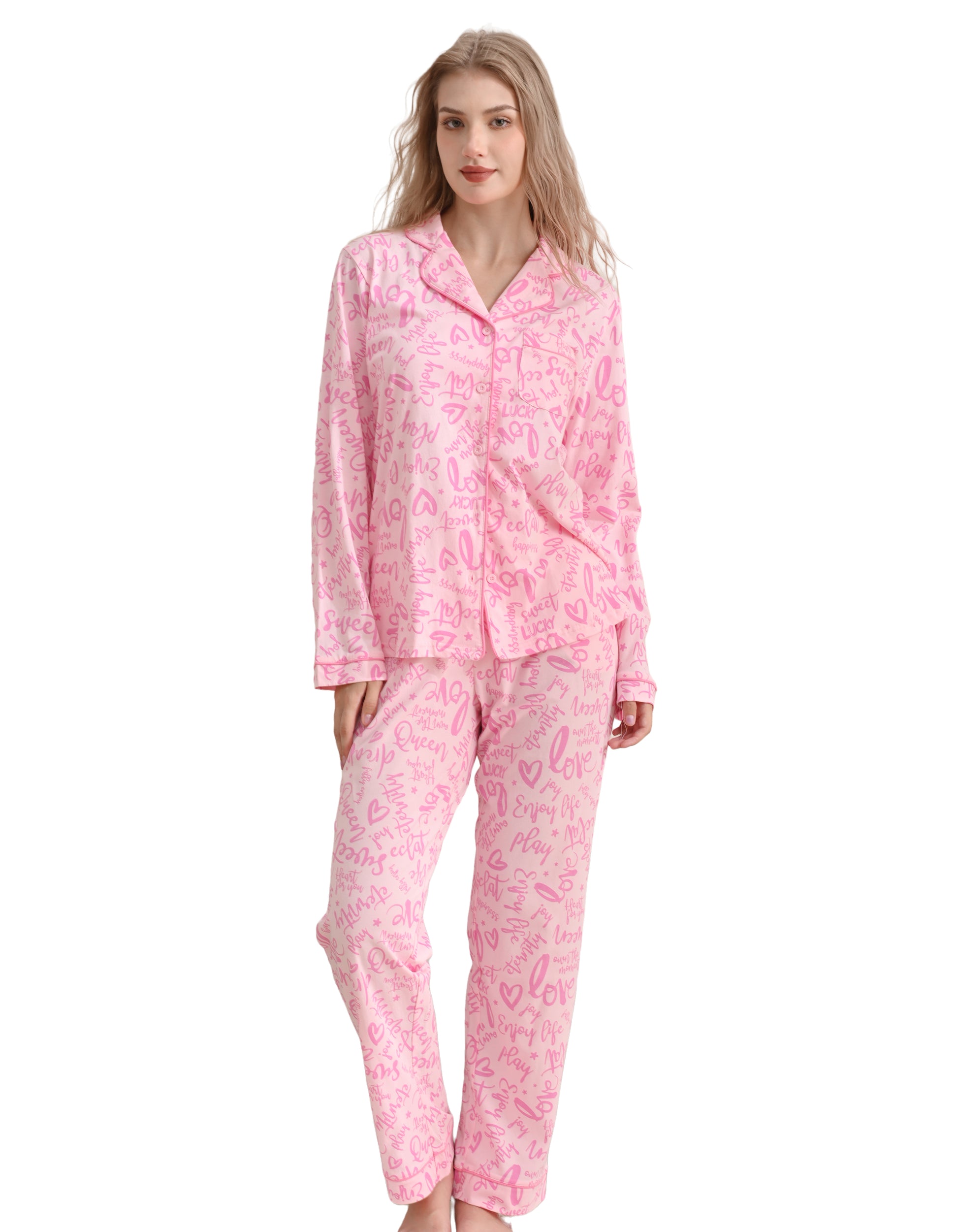 Pink letter print women’s knit cotton pajama set front view on white background