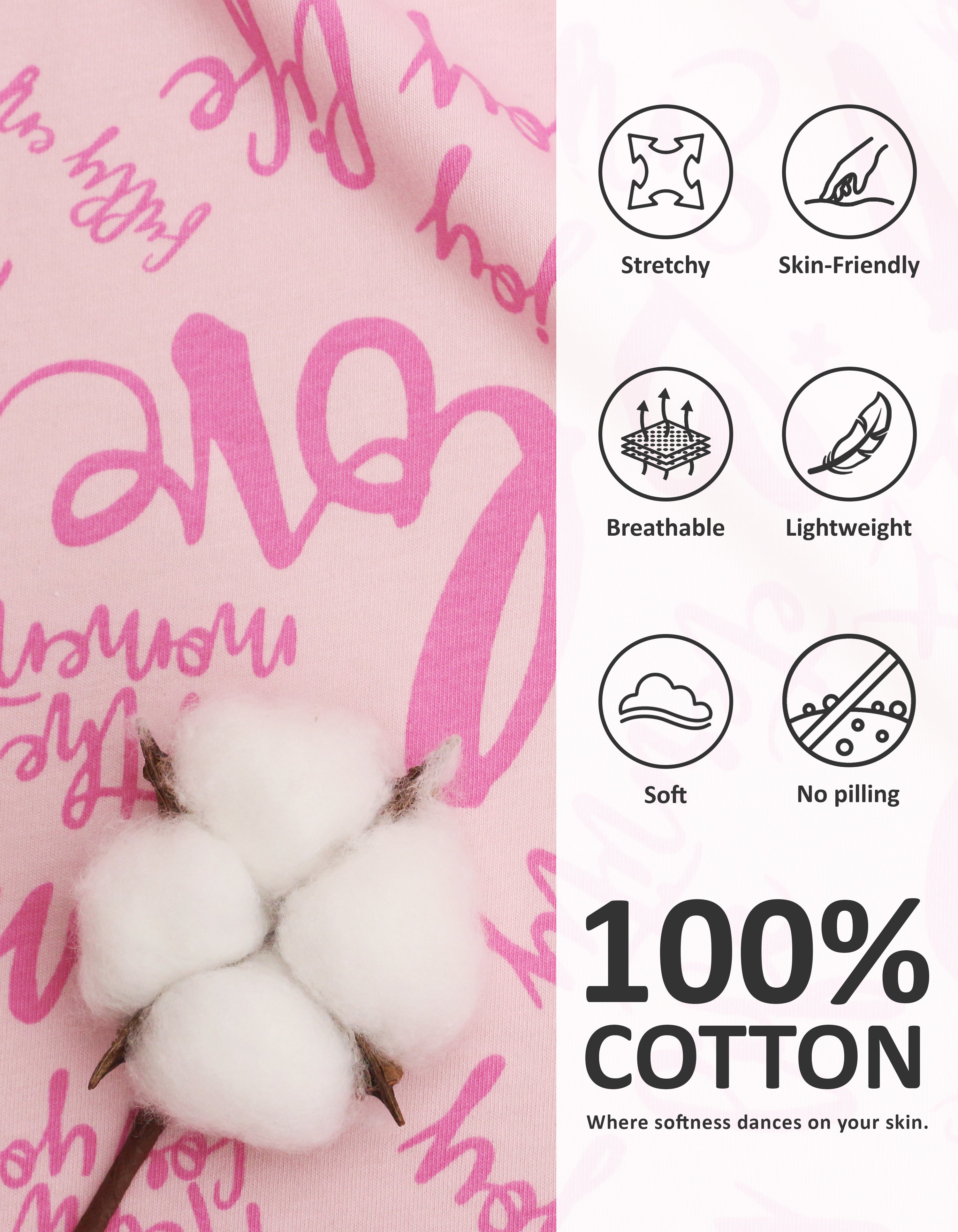 Close-up of pink letter print knit cotton pajama fabric showing softness and breathability