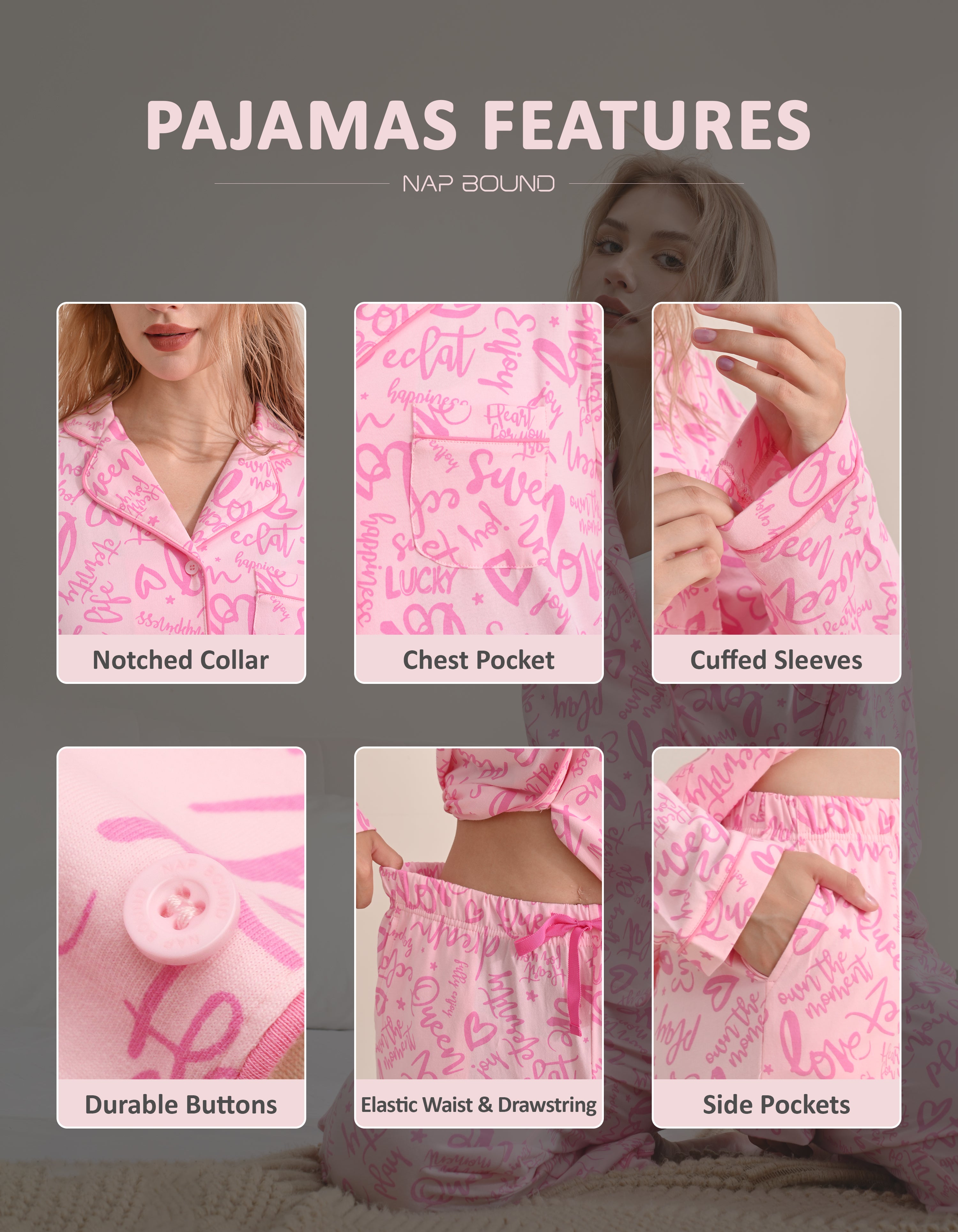 Design details of pink letter print pajamas including notched collar, chest pocket, cuffed sleeves, and drawstring waist