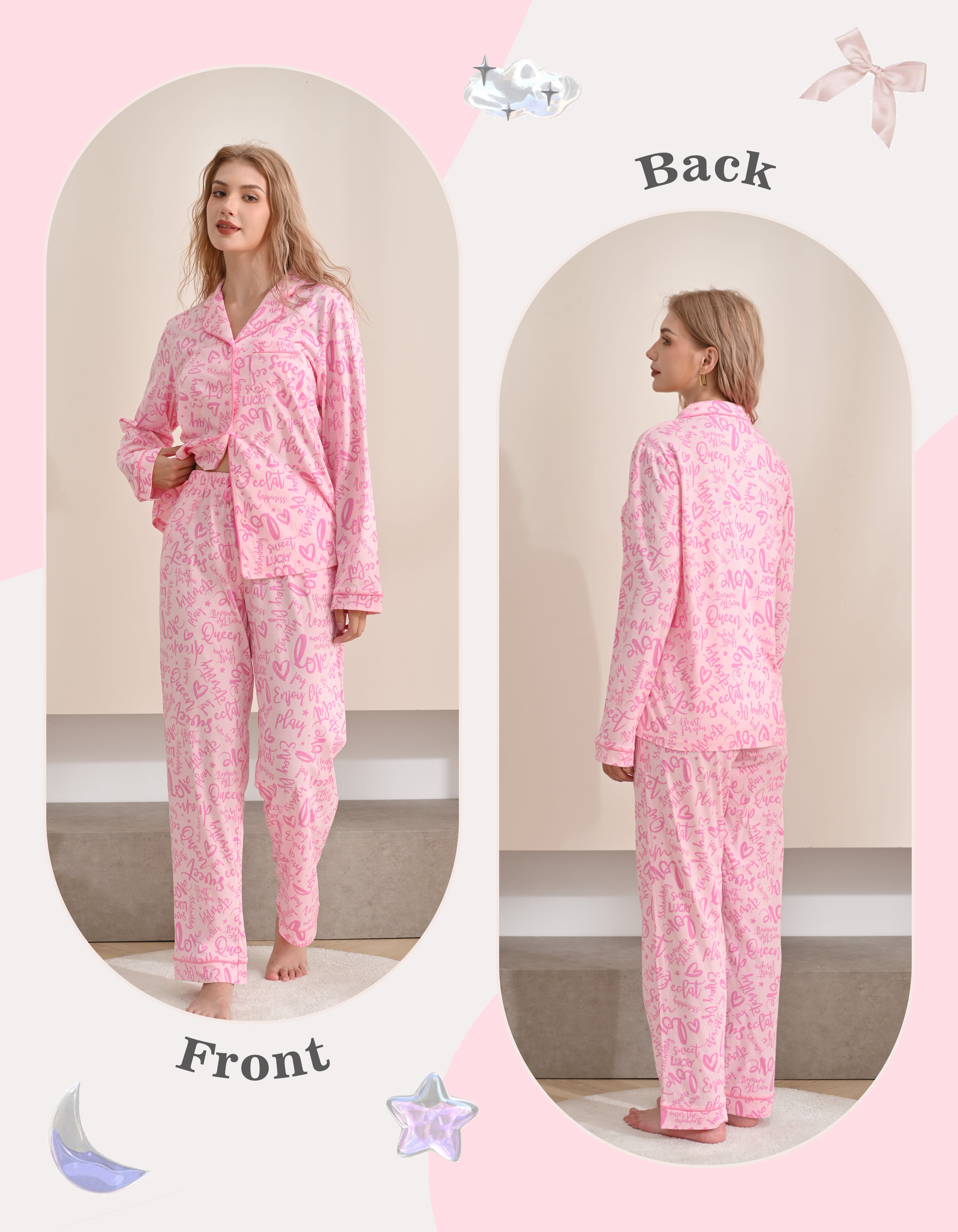 Front and back view comparison of pink letter print women’s knit cotton pajama set