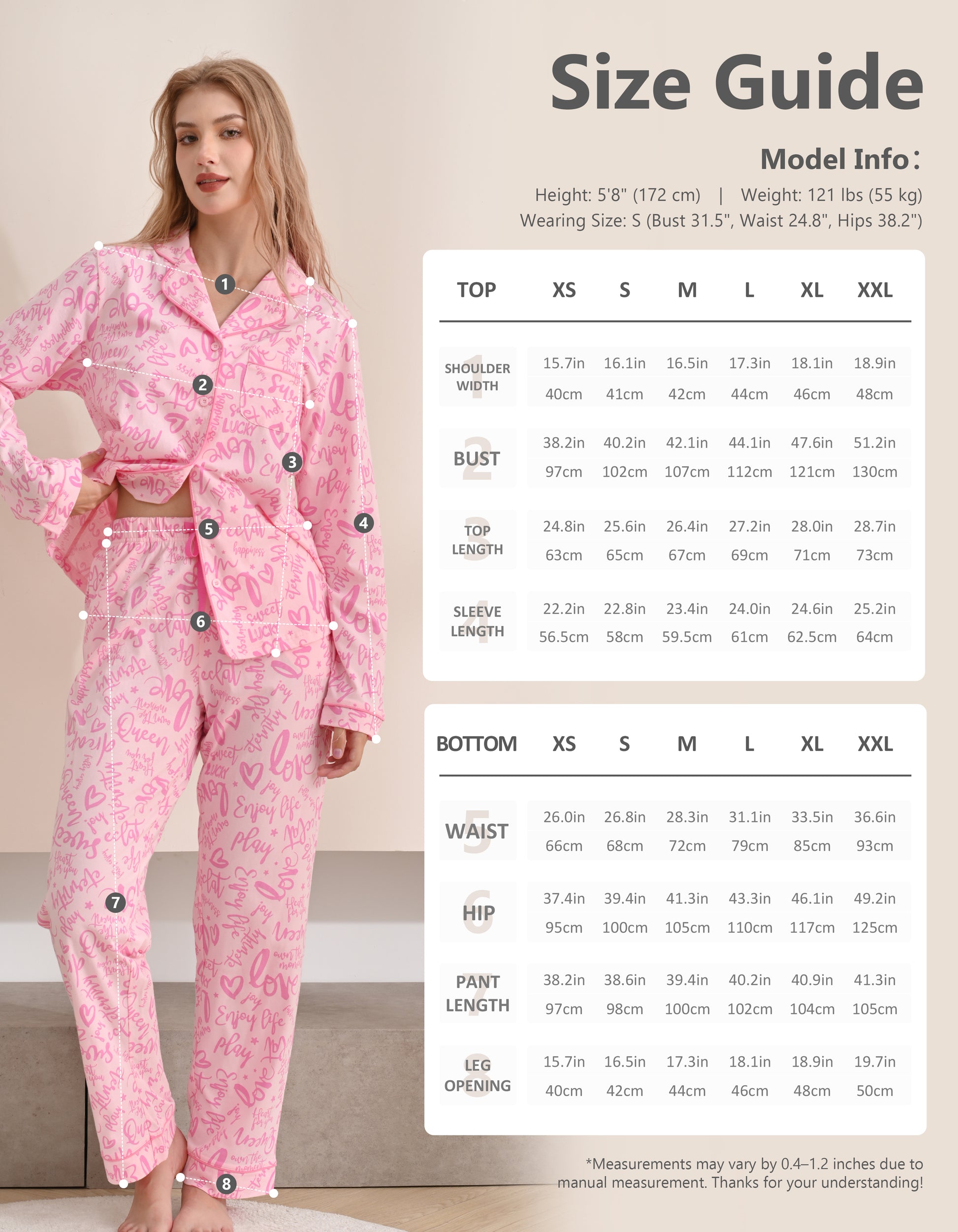 Size chart for women’s pink letter print knit cotton pajama set top and pants