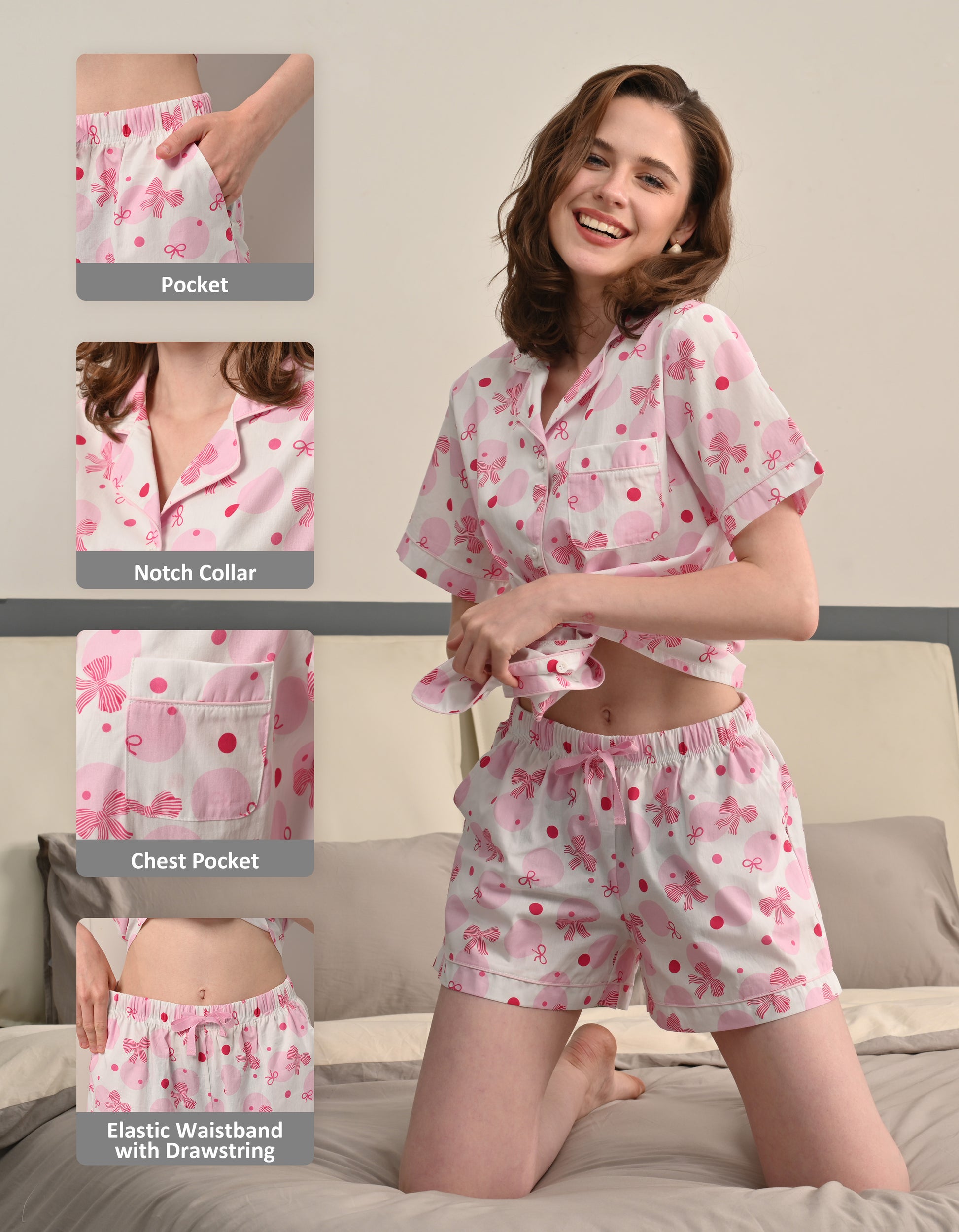 pink polka dot bow pajama details notch collar pocket drawstring waistband