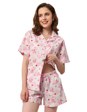 women pink polka dot bow woven cotton pajama set front white background