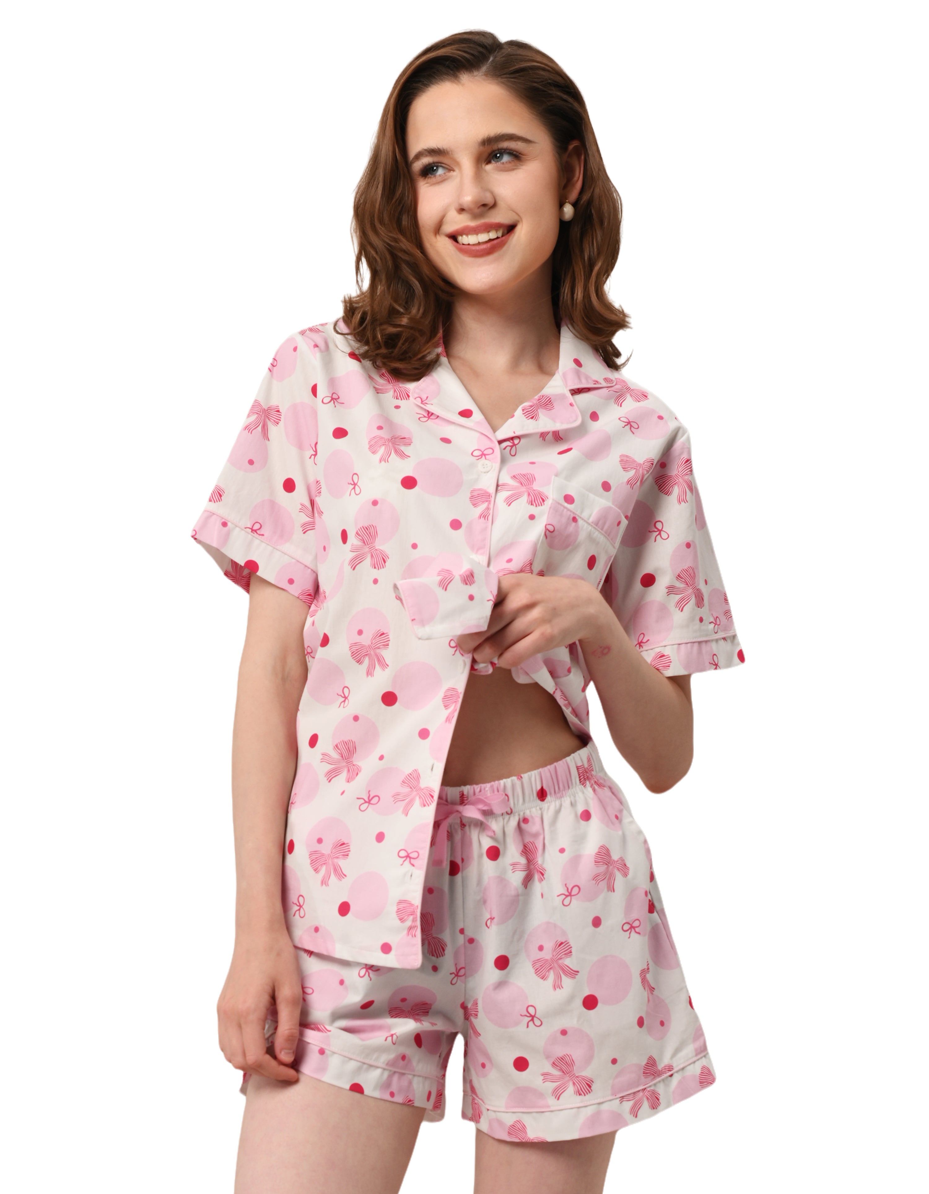 women pink polka dot bow woven cotton pajama set front white background