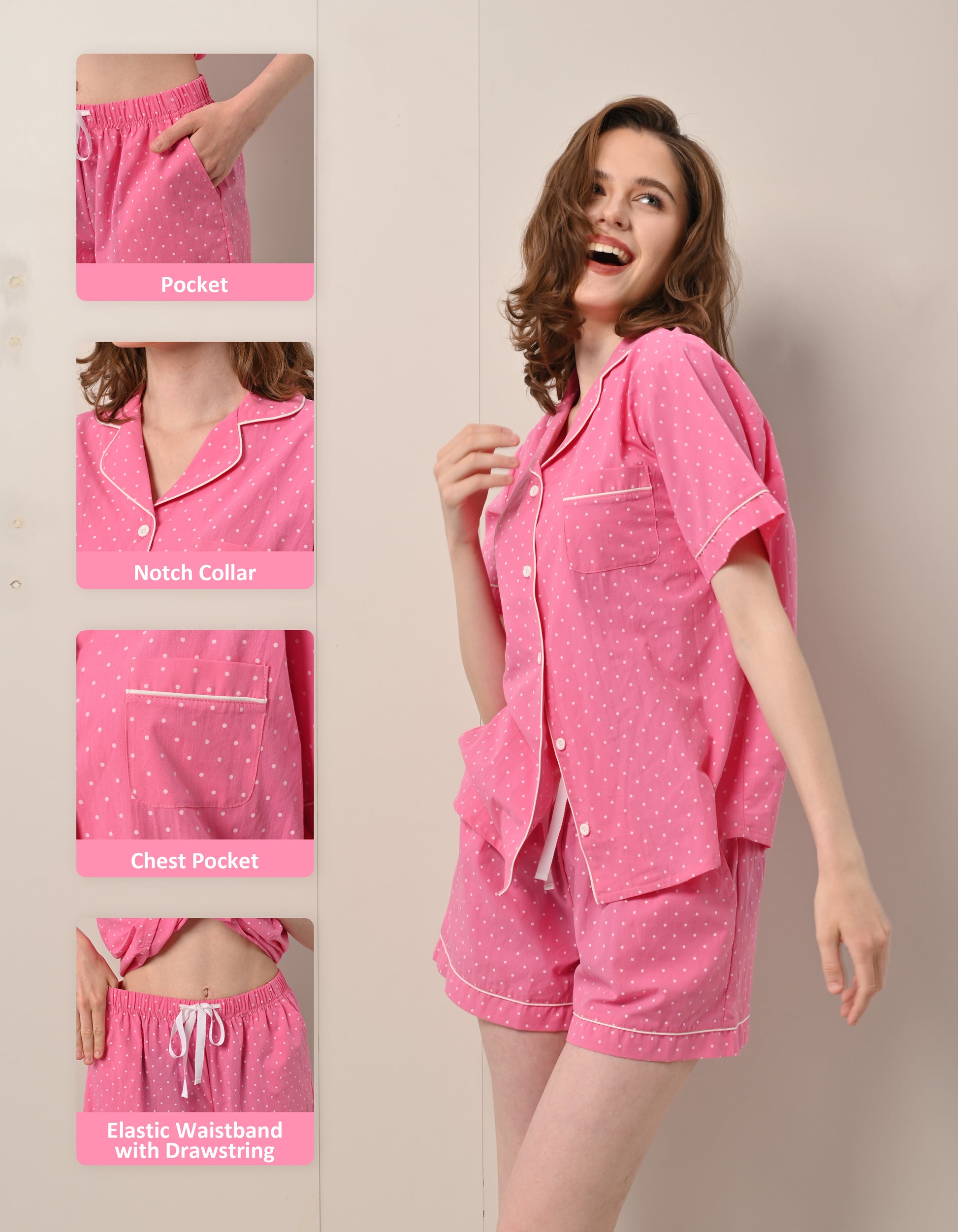 pink polka dot pajama set details notch collar chest pocket drawstring waistband