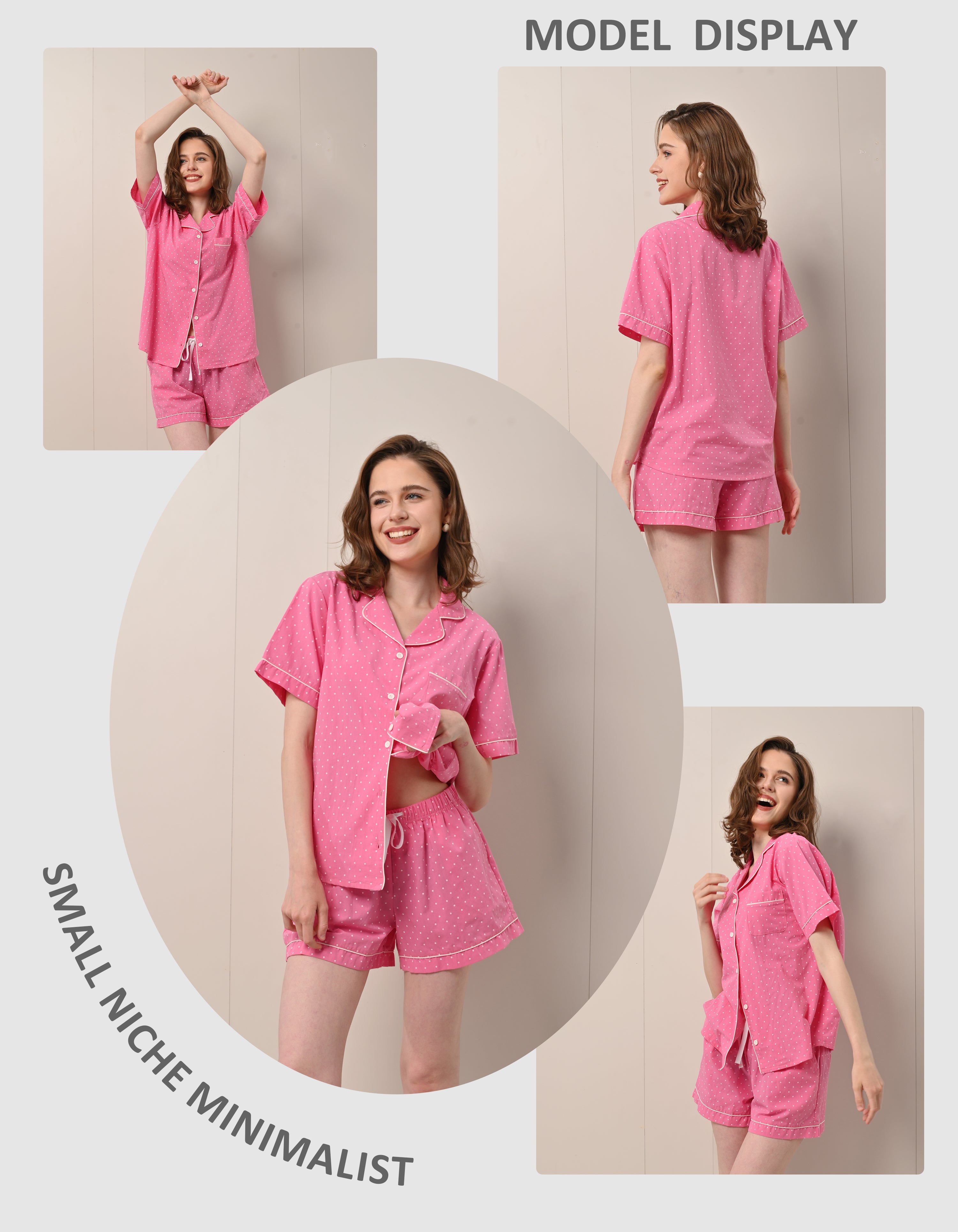 model wearing pink polka dot woven cotton pajama set lifestyle images