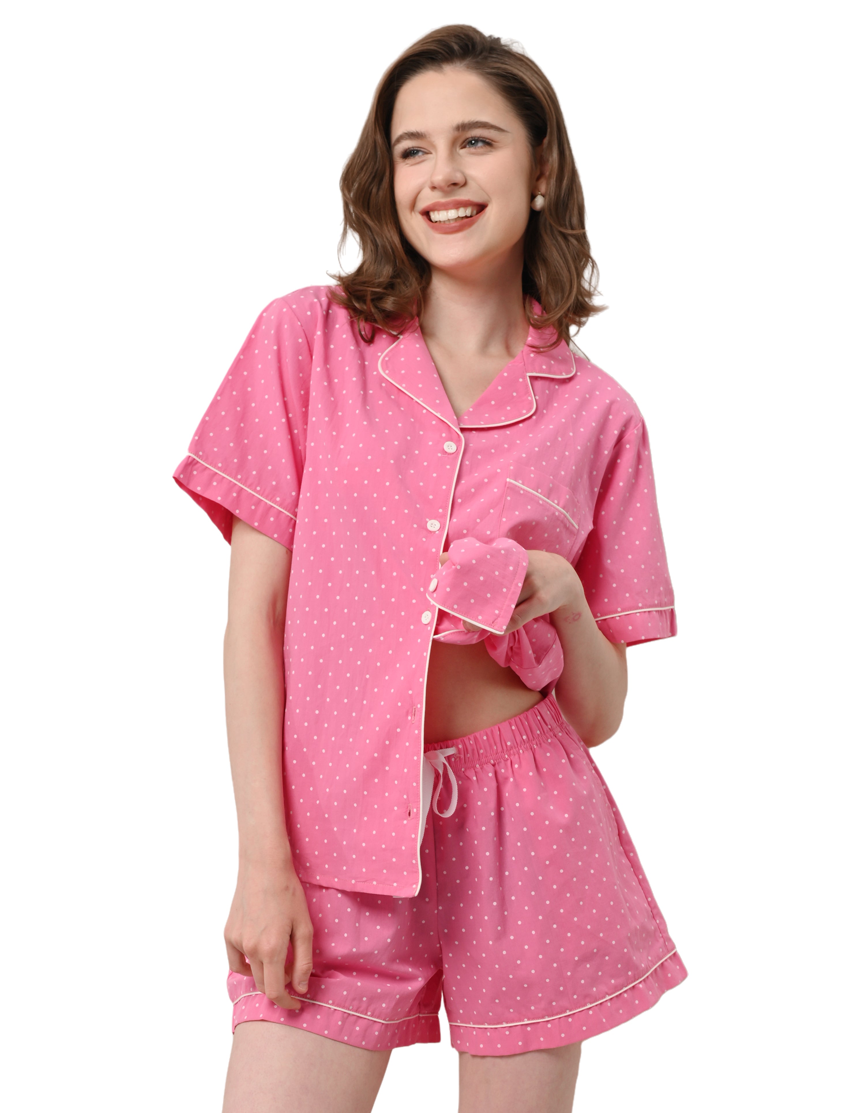 women pink polka dot woven cotton pajama set front view white background