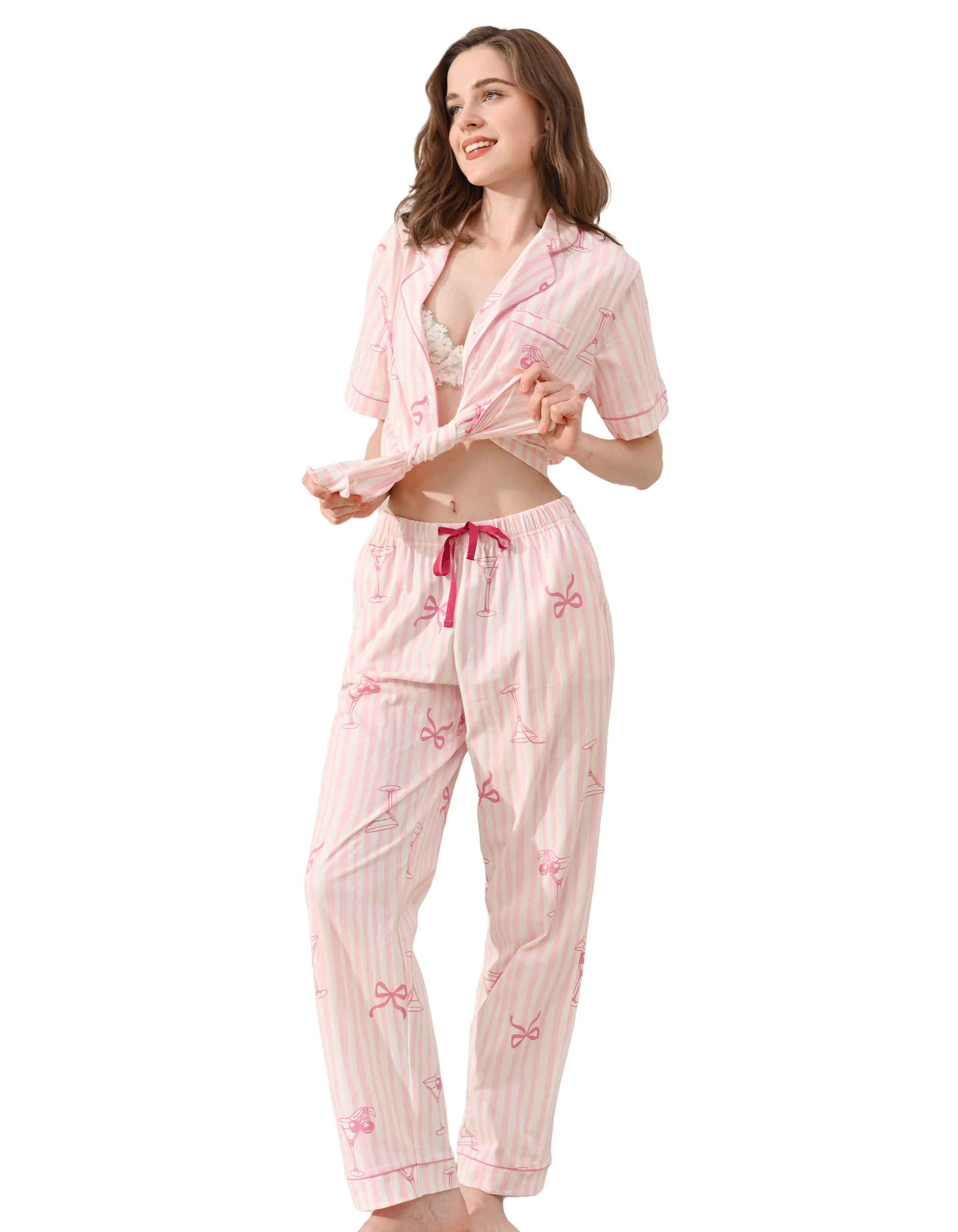 Pink stripe cotton pajama set with champagne glass and bow print front view on white background