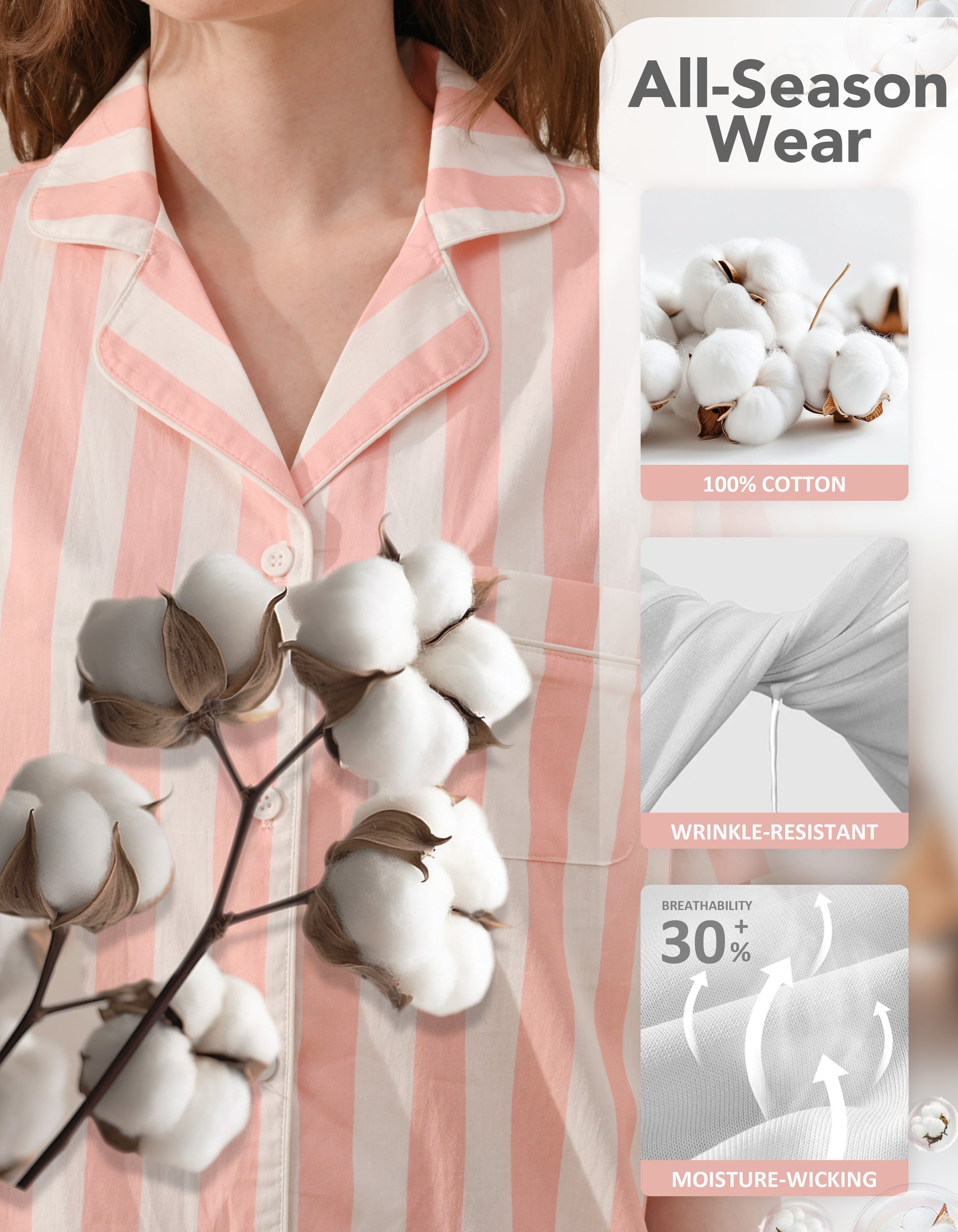 All-season wear infographic showing cotton image and “100% cotton” for pink vertical stripe pajama set