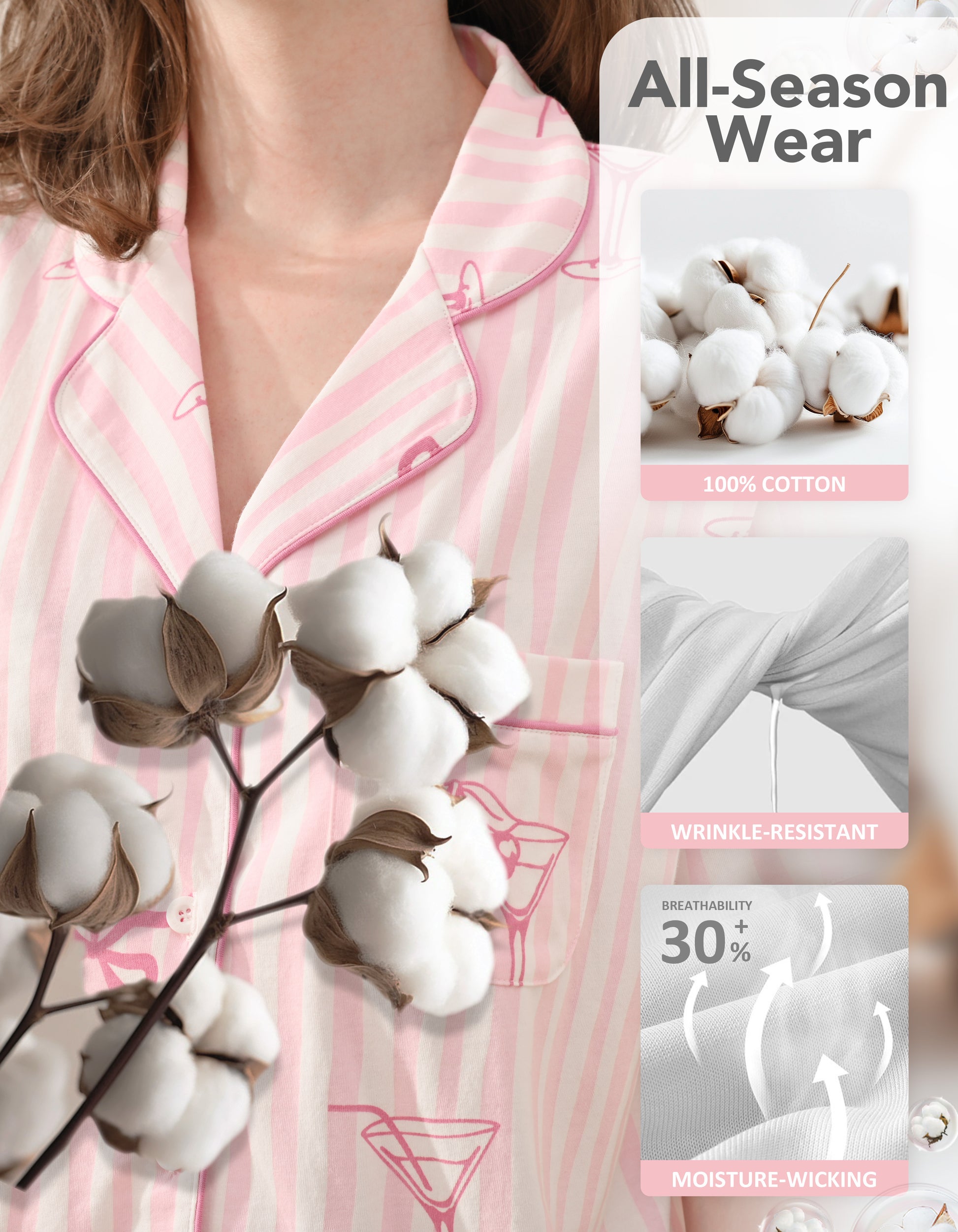 Close-up of pink stripe cotton pajama fabric showing breathability and softness