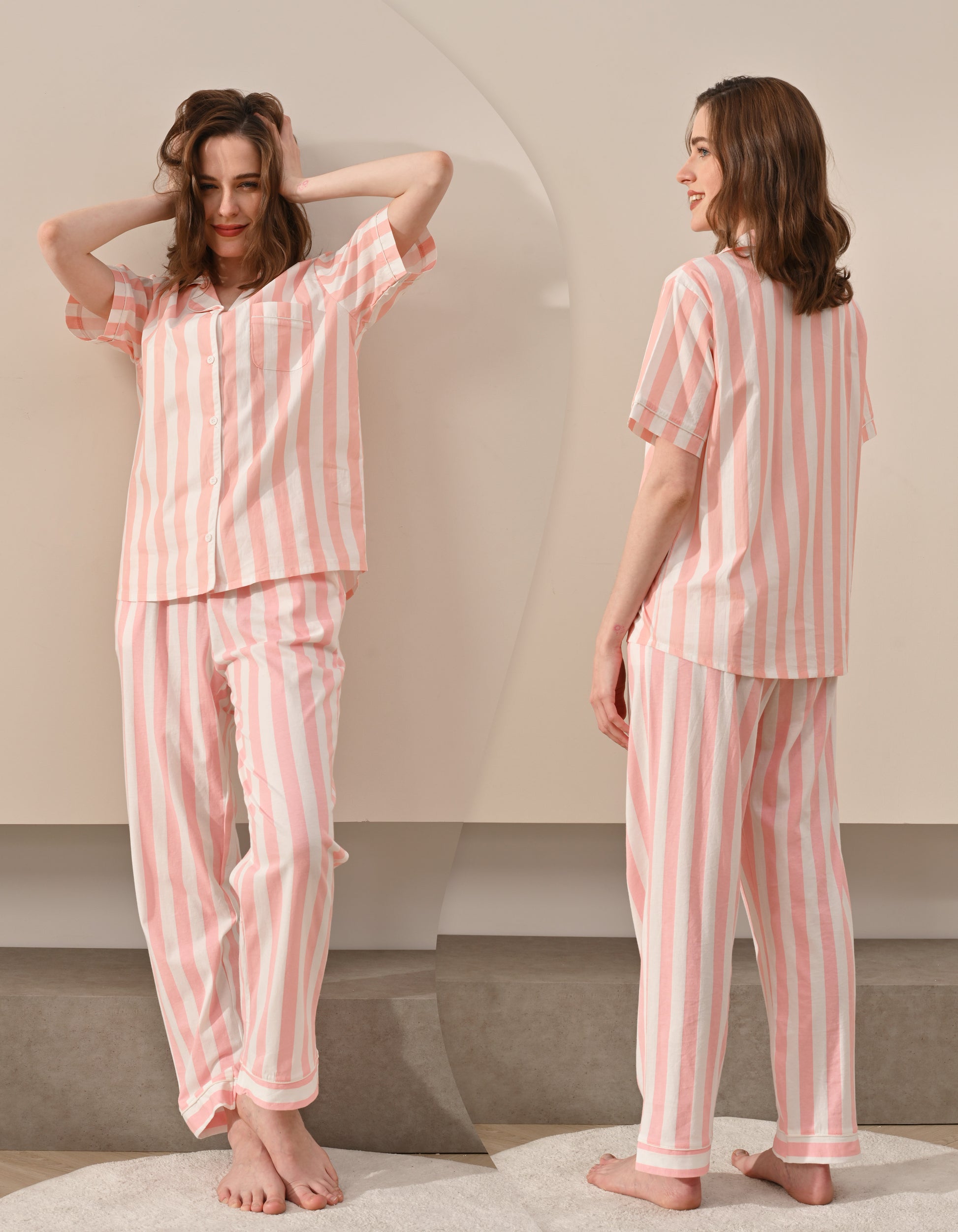 Front and back view of women’s pink vertical stripe cotton pajama set