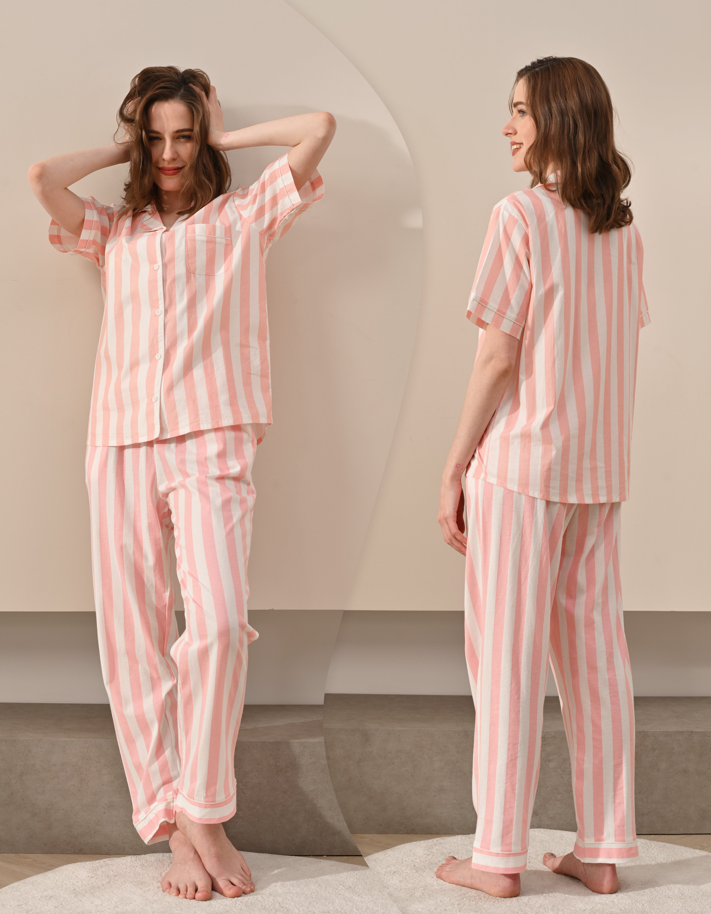 Front and back view of women’s pink vertical stripe cotton pajama set