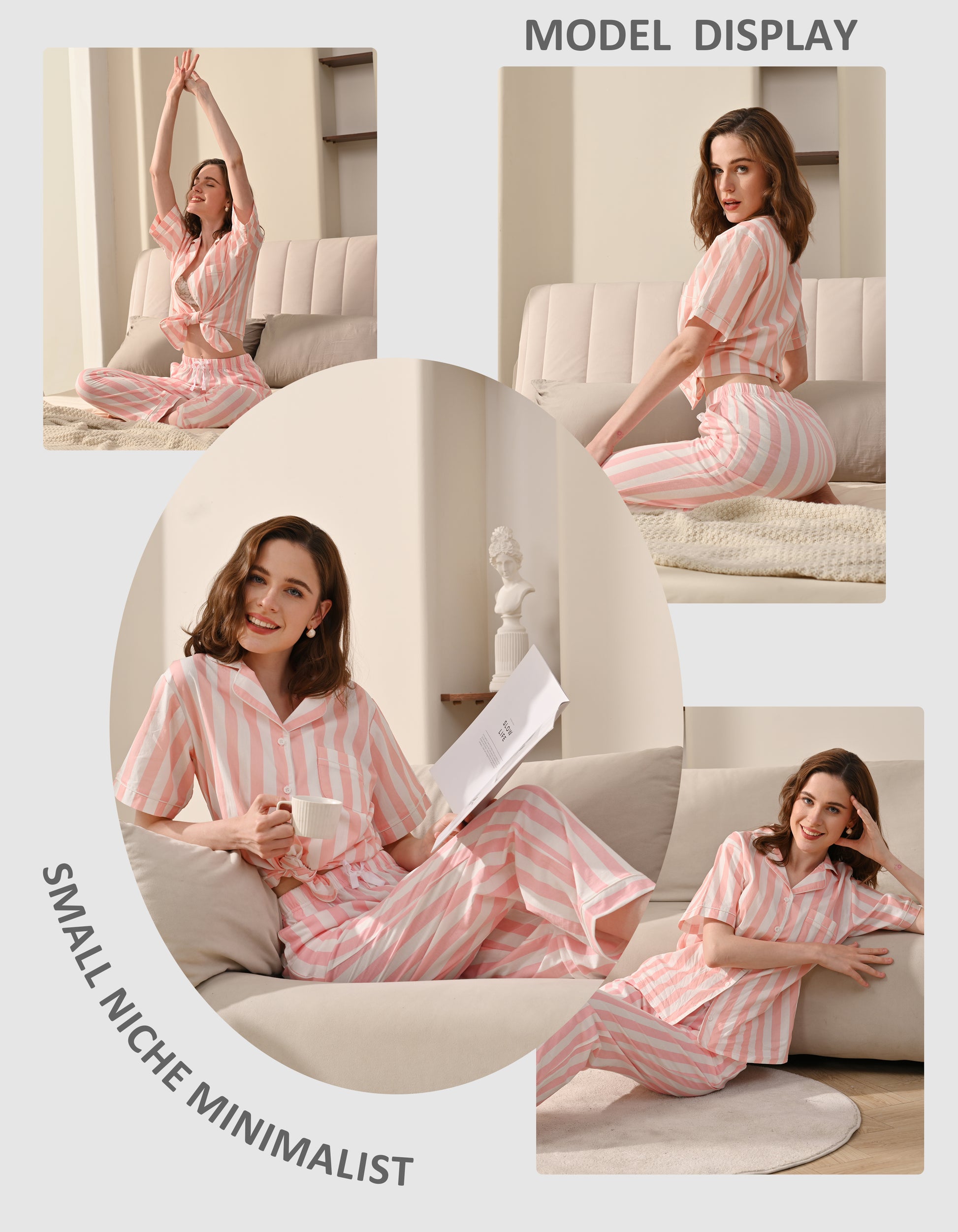 Model display collage of women wearing pink vertical stripe cotton pajamas in lifestyle scenes