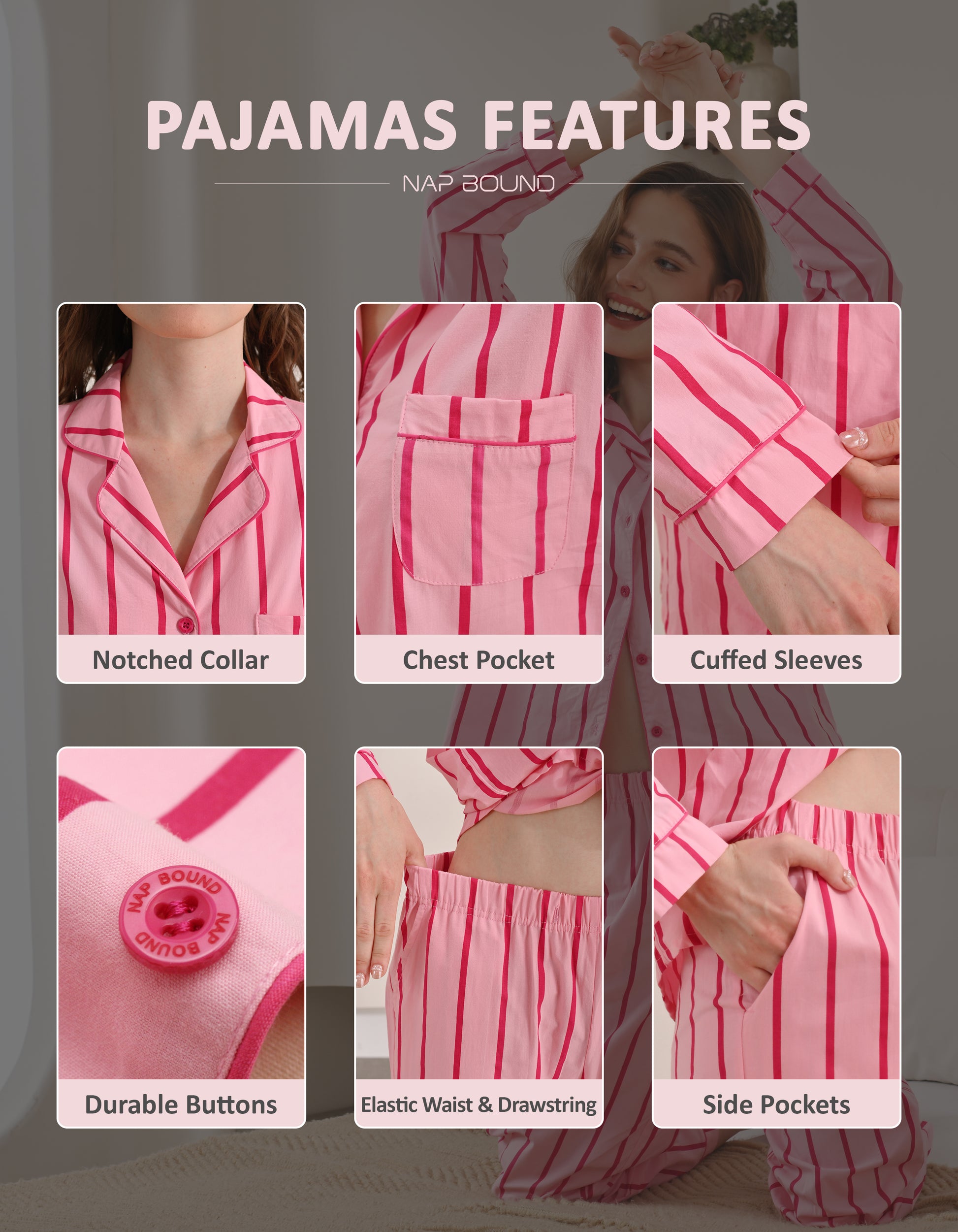 Design details of pink stripe pajamas including notched collar, chest pocket, cuffed sleeves, and drawstring waist