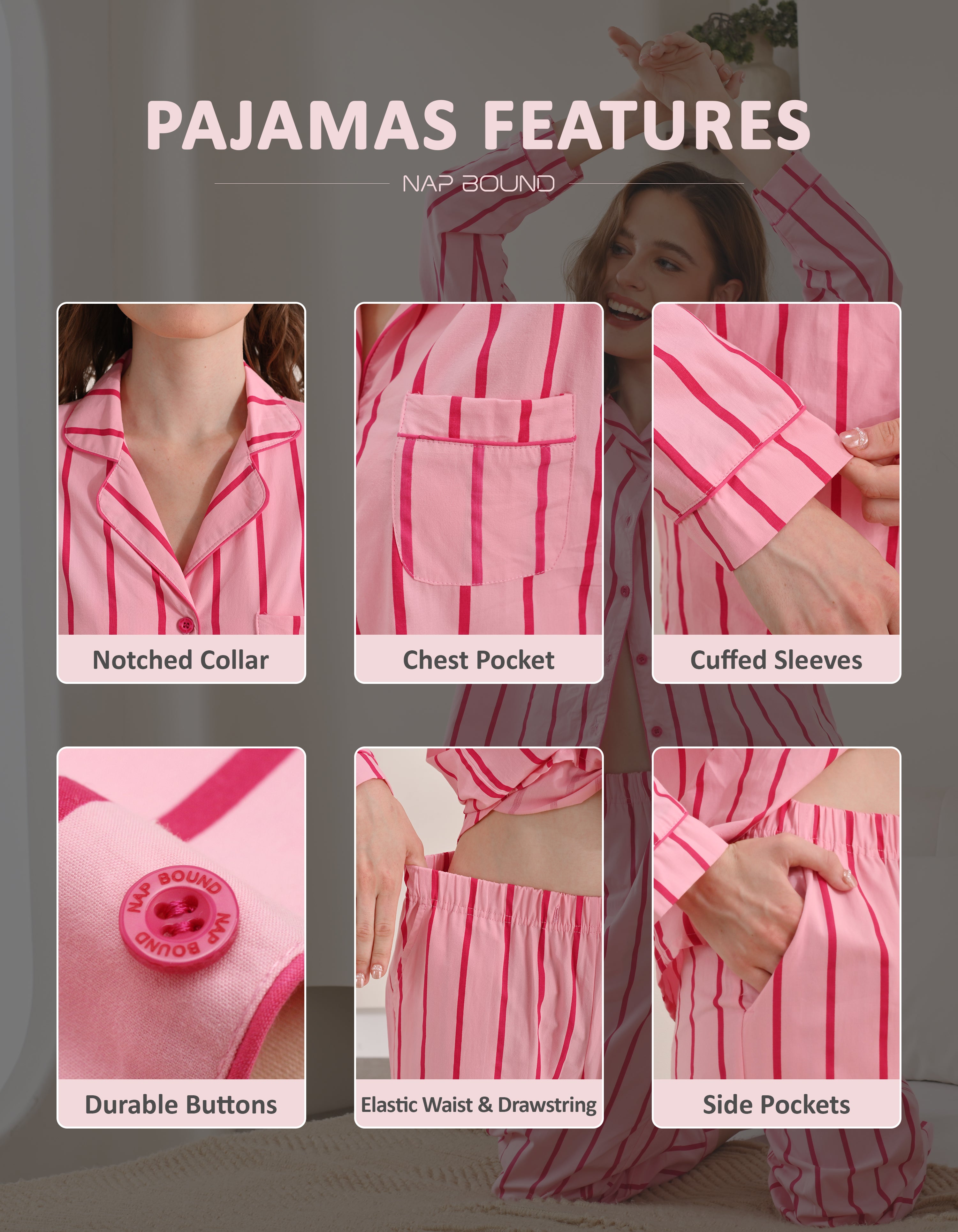 Design details of pink stripe pajamas including notched collar, chest pocket, cuffed sleeves, and drawstring waist