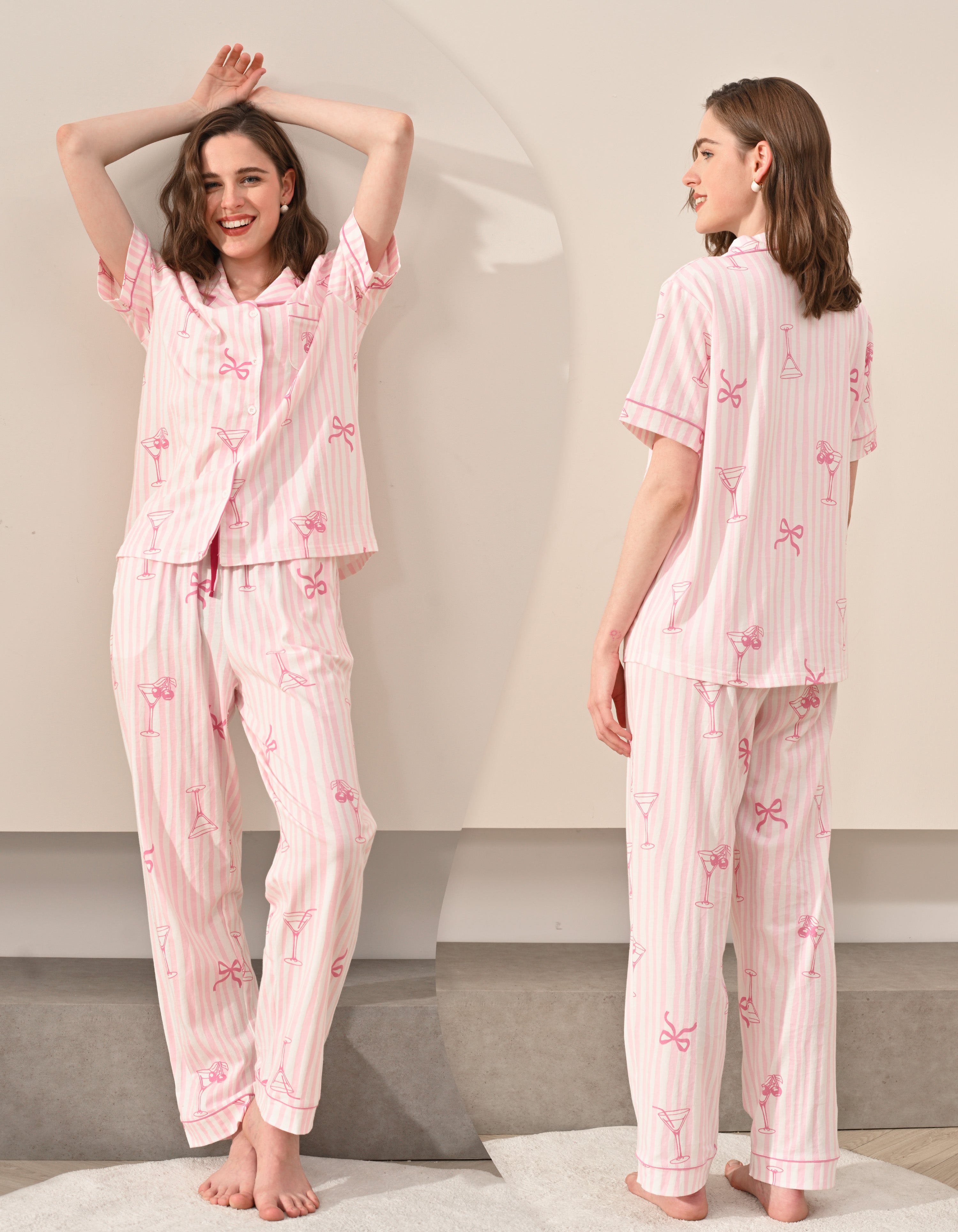 Front and back view comparison of pink stripe champagne glass bow print women’s pajama set