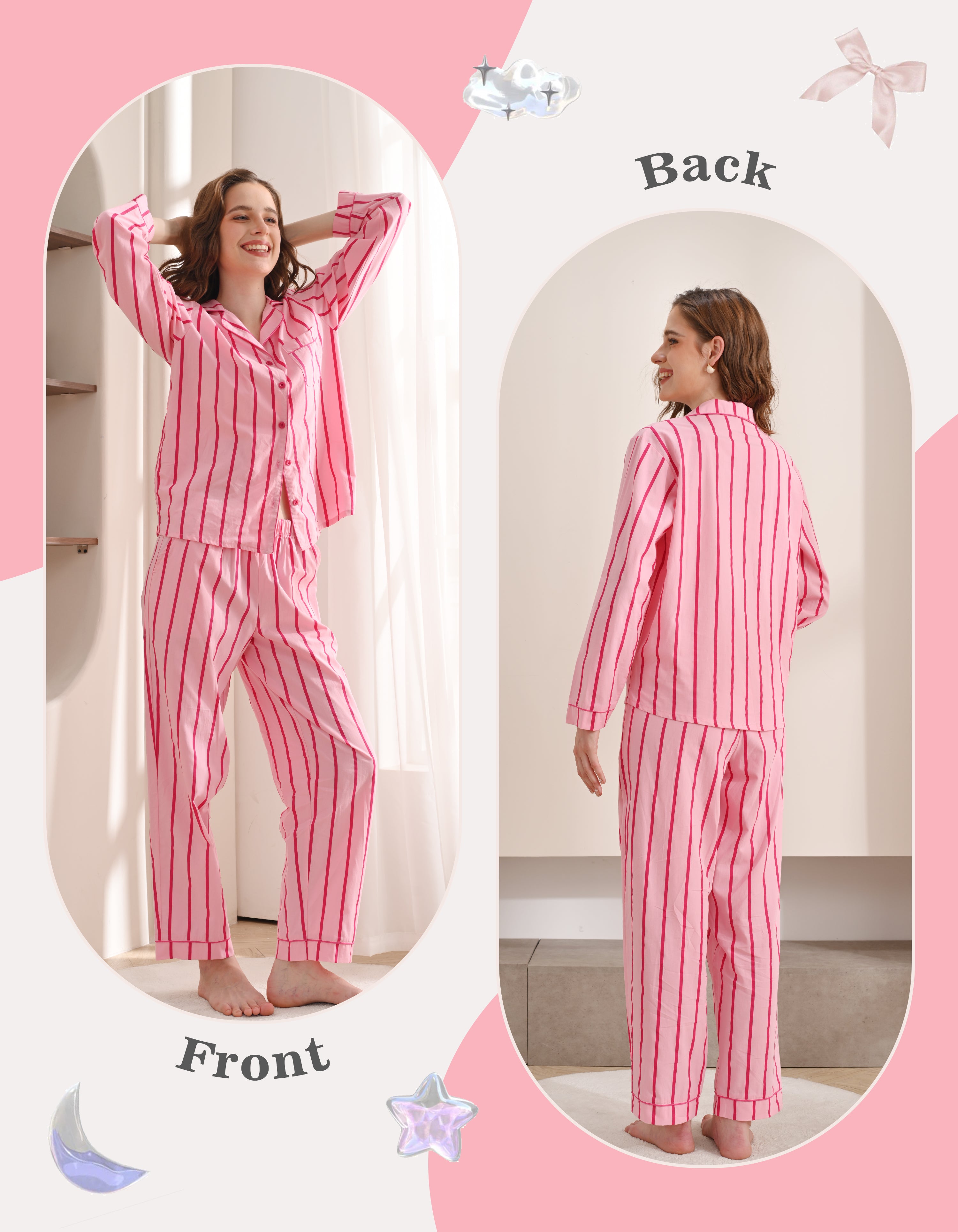 Front and back view comparison of pink stripe women’s woven cotton pajama set