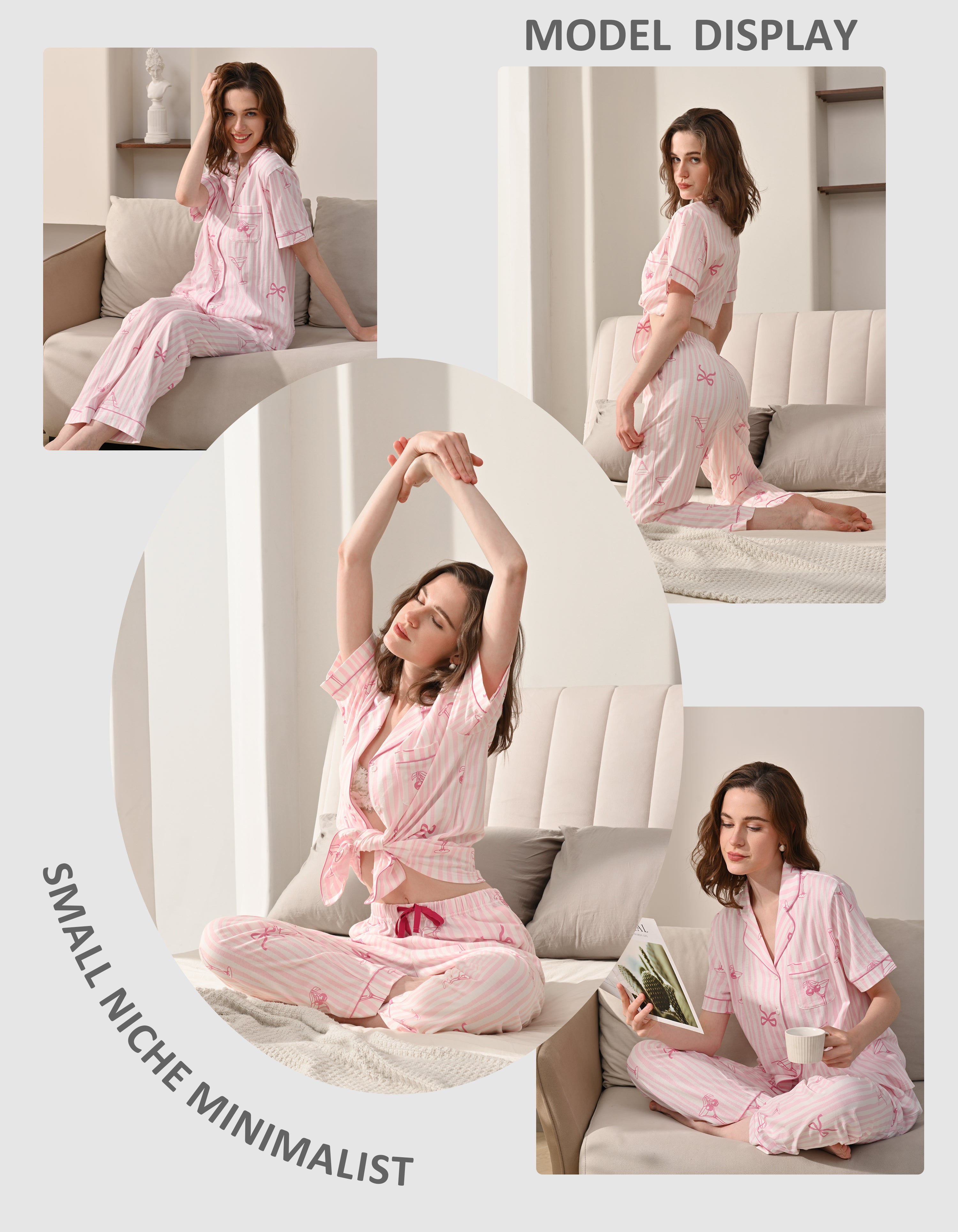 Model wearing pink stripe champagne glass and bow print cotton pajamas in cozy home and bedroom scenes