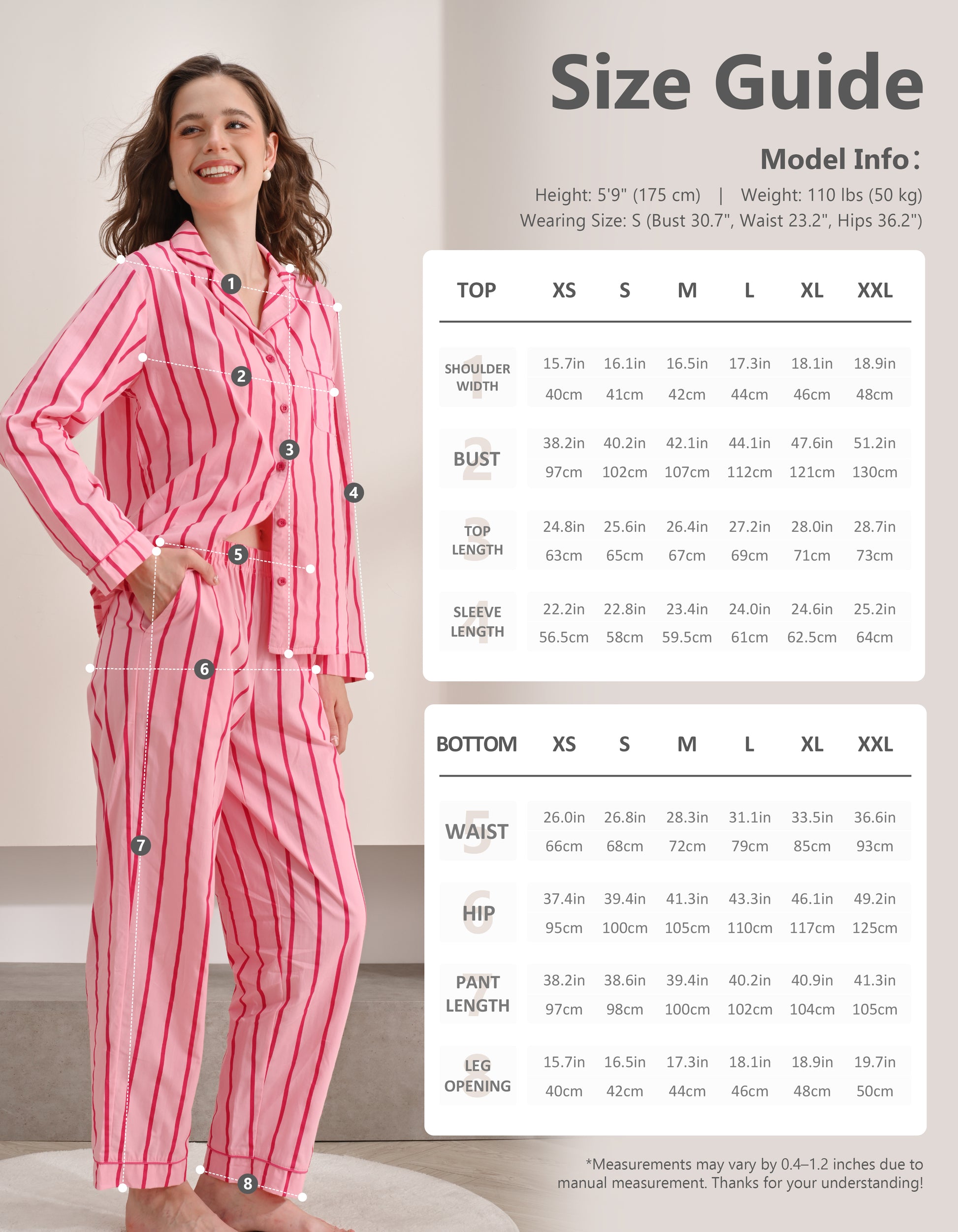 Size chart for women’s pink stripe woven cotton pajama set top and pants