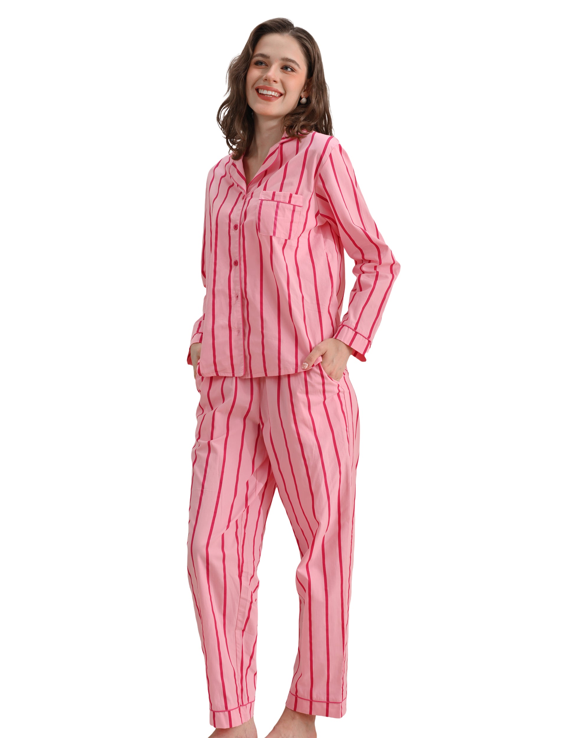 Pink stripe women’s woven cotton pajama set front view on white background